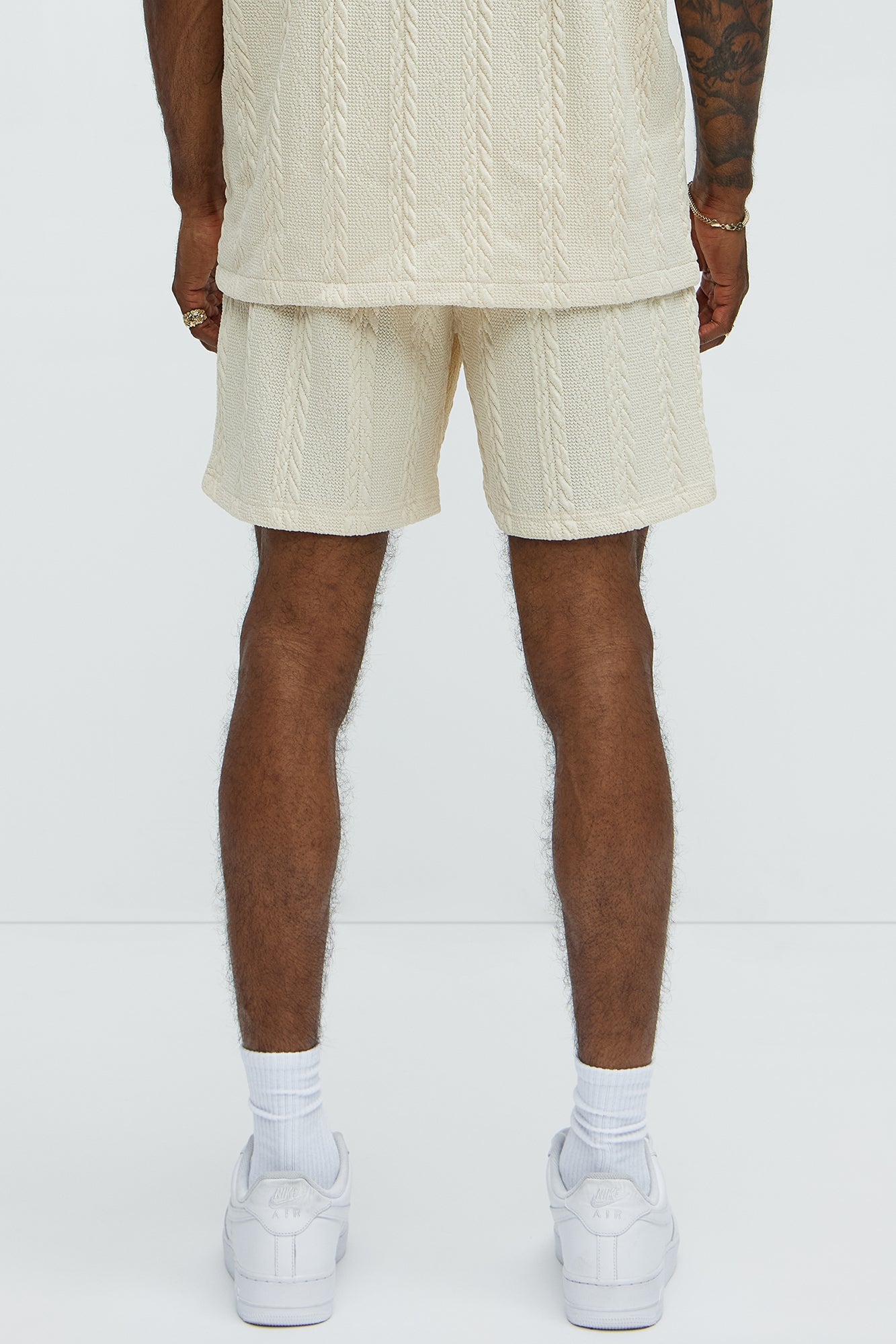 Textured Stripes Relaxed Drawstring Shorts - Cream image 8