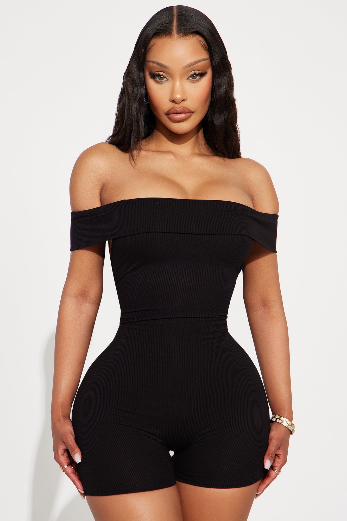 Melody Off Shoulder Ribbed Romper - Black image 4