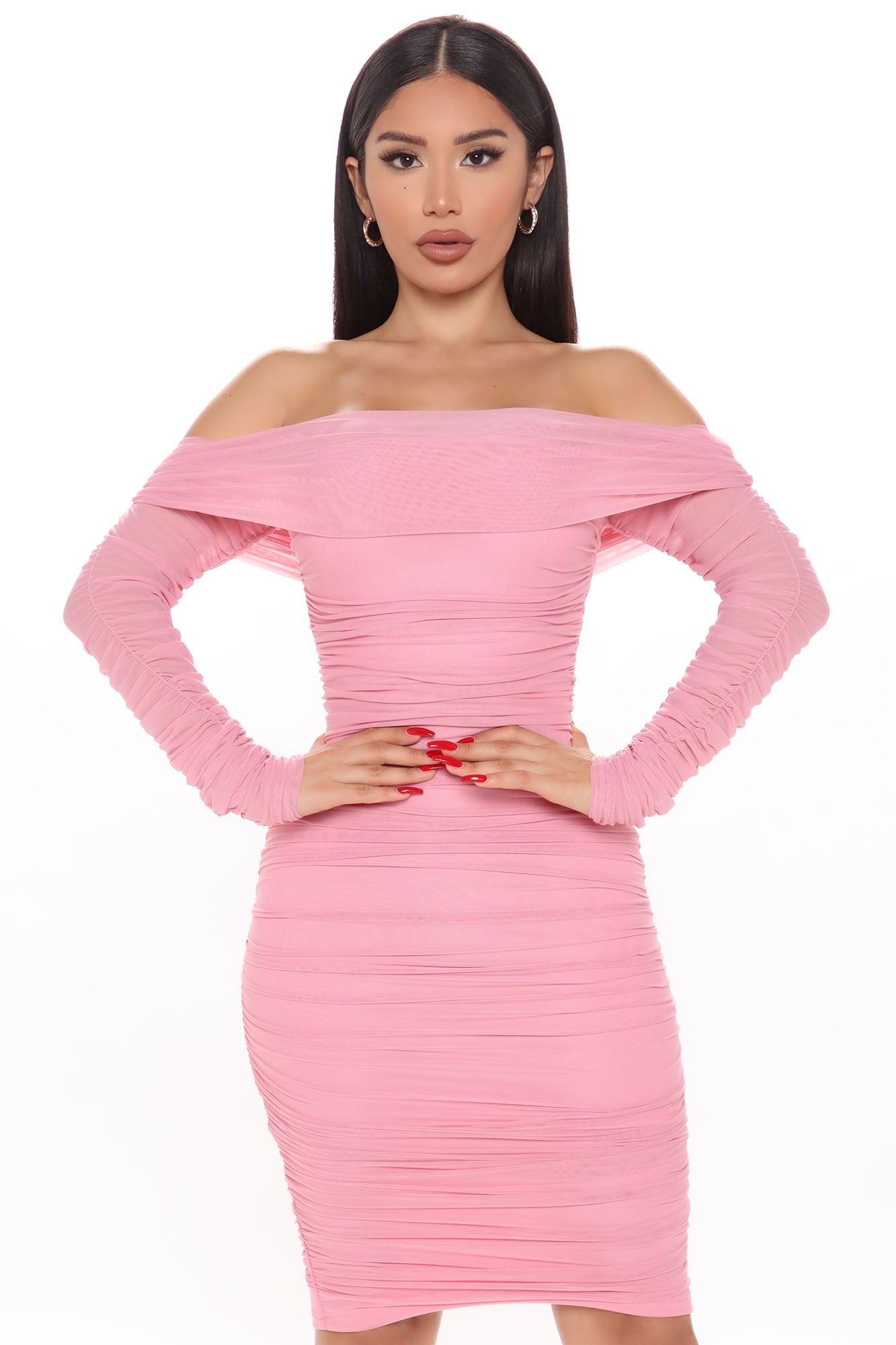 Ready In A Ruched Off Shoulder Midi Dress - Pink image 9