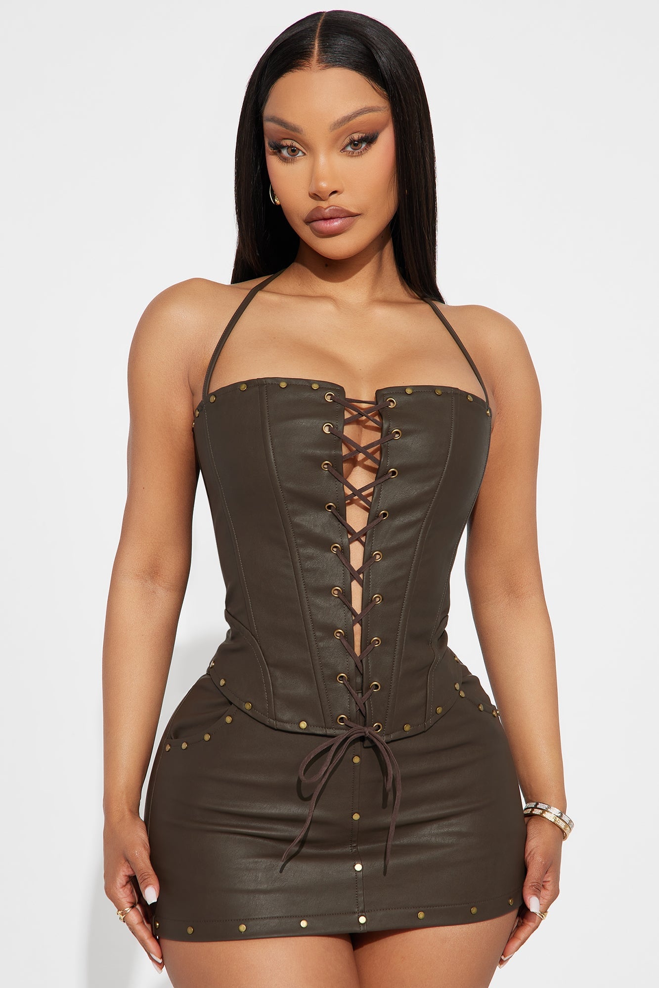 Sienna Faux Leather Skort Set - Brown image 6