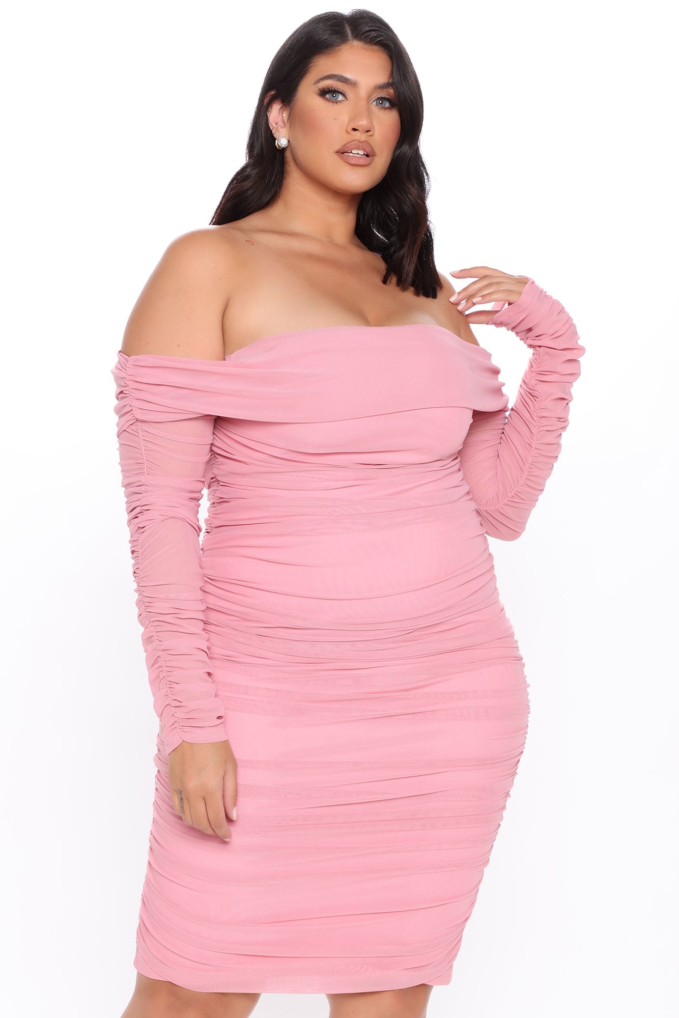 Ready In A Ruched Off Shoulder Midi Dress - Pink image 4