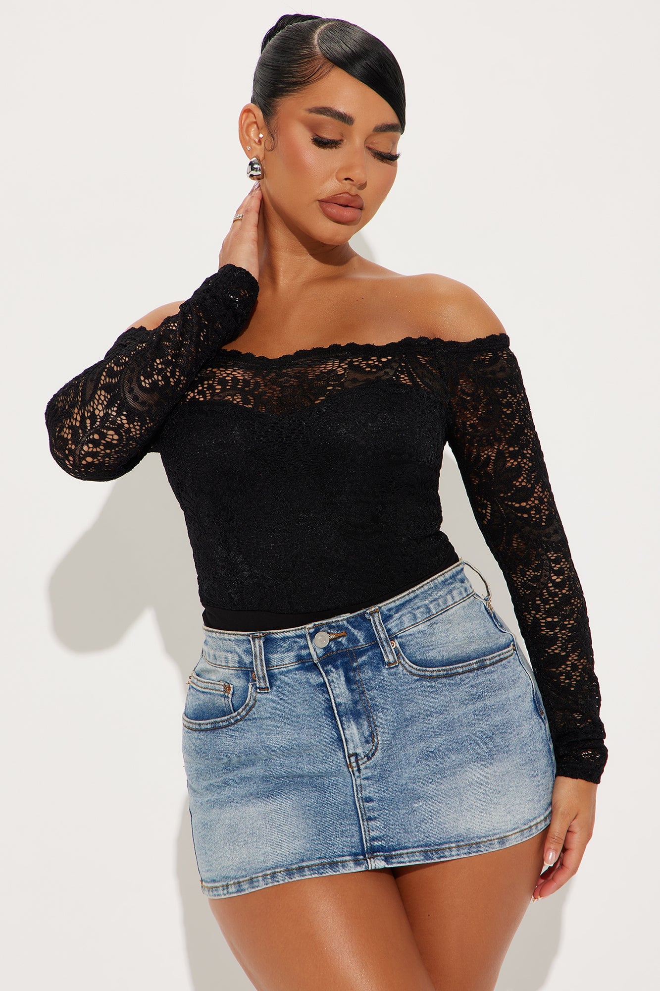 Katie Lace Off Shoulder Bodysuit - Black image 7