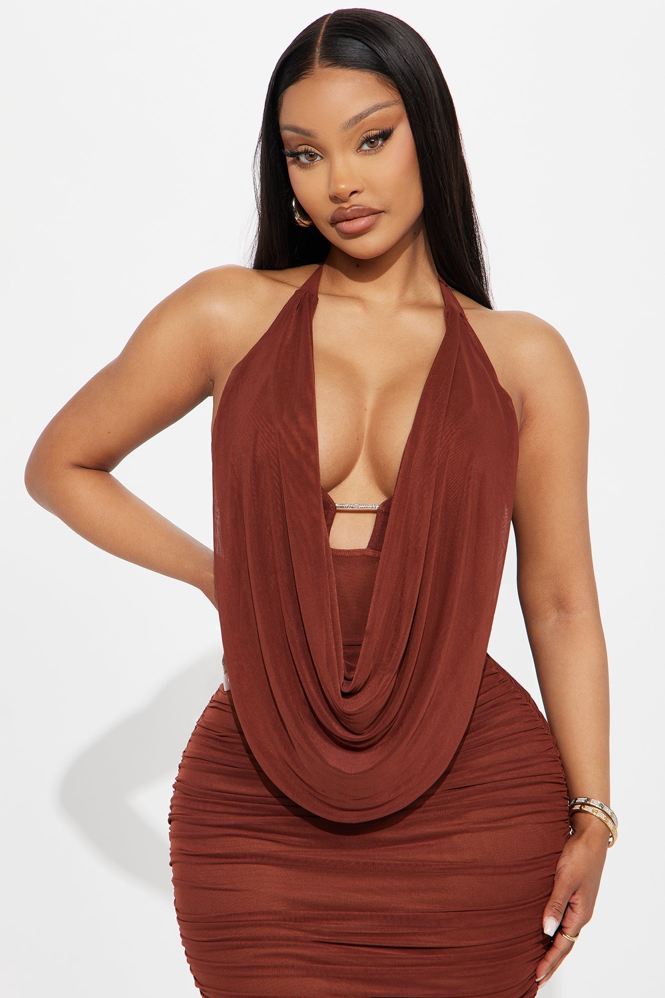 Julia Ruched Mesh Maxi Dress - Brown image 5