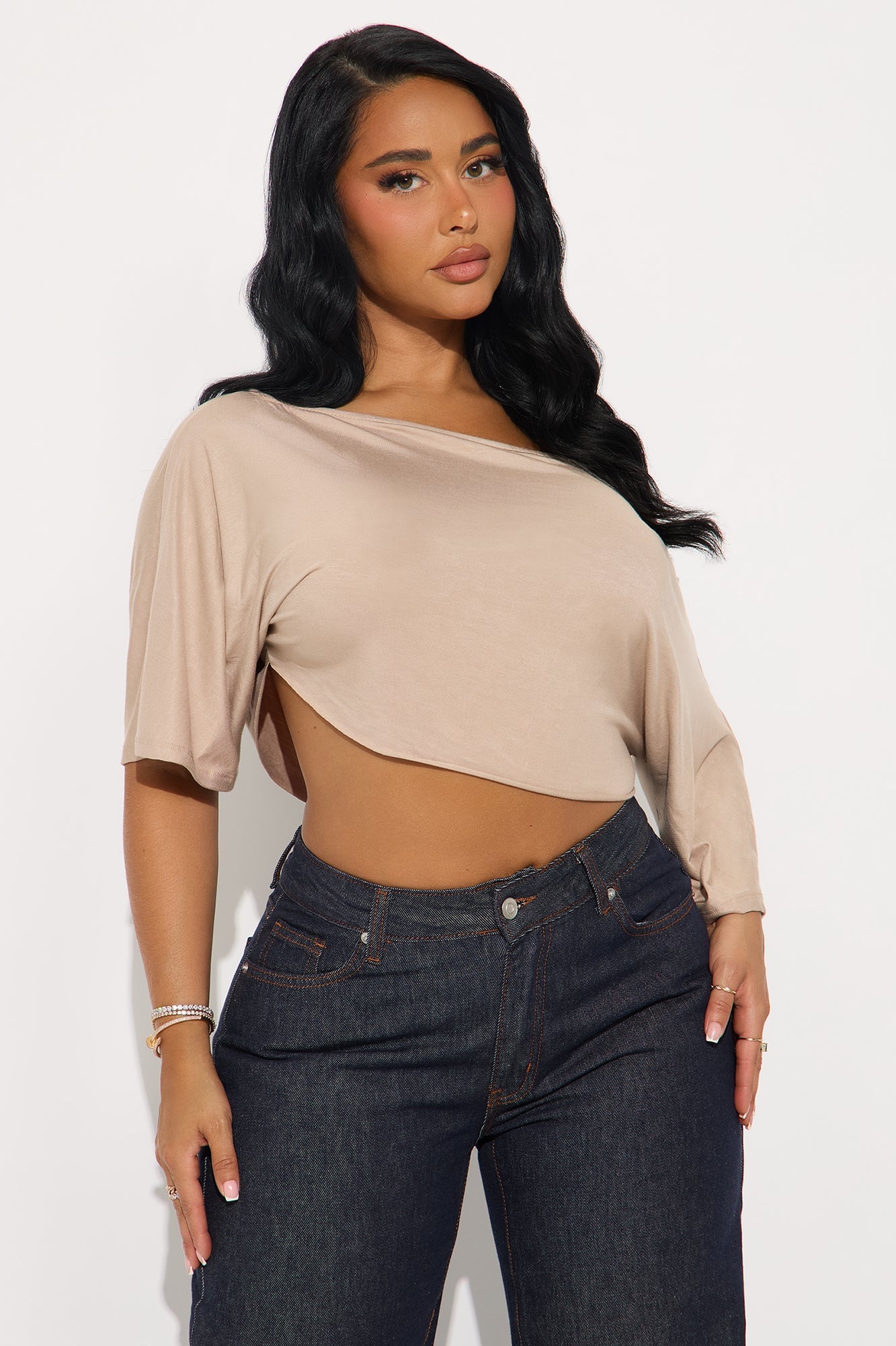 Modal Loose Off Shoulder Cropped Top - Stone image 5