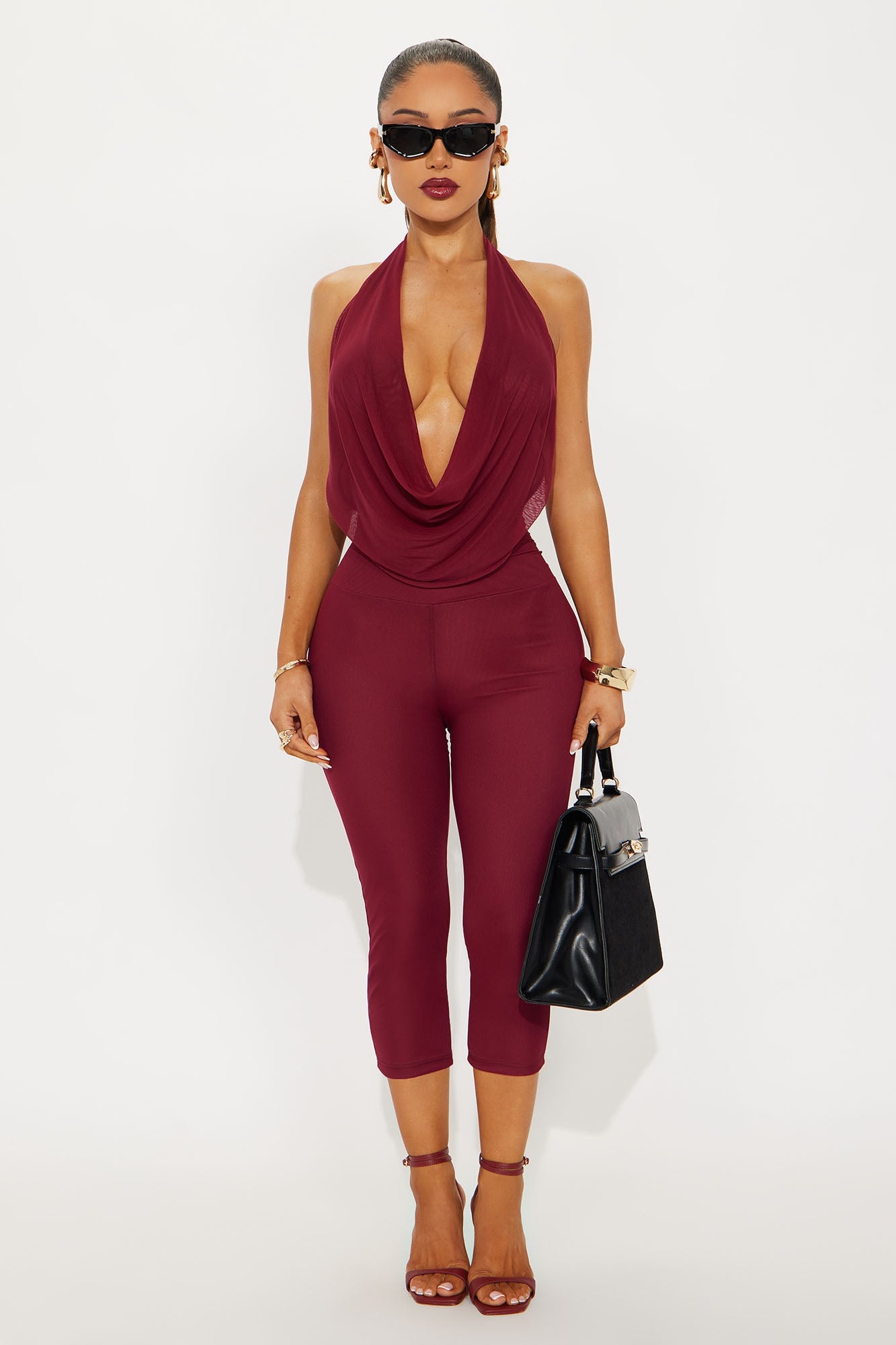 Mya Mesh Backless Halter Capri Jumpsuit - Burgundy image 1