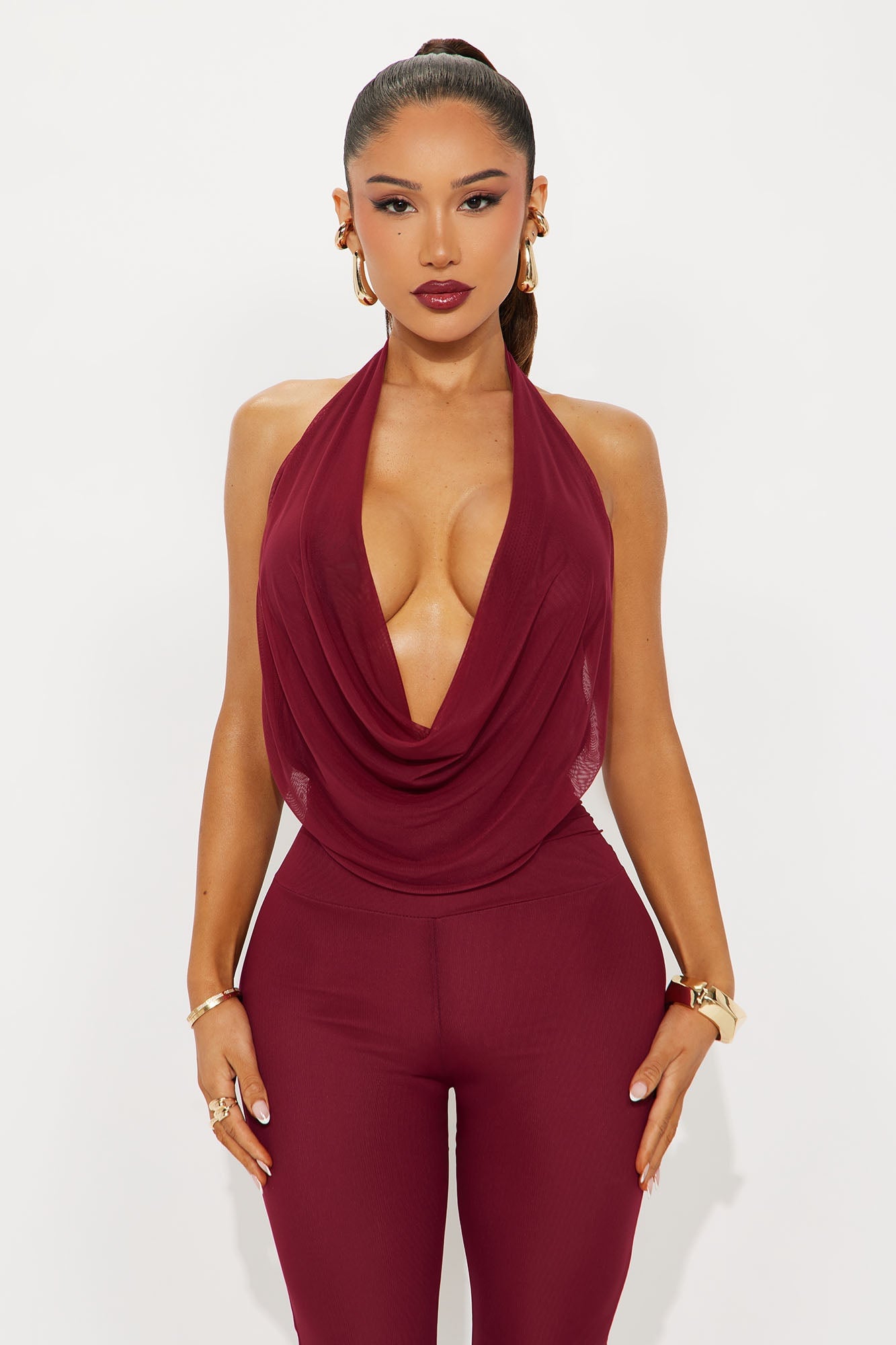 Mya Mesh Backless Halter Capri Jumpsuit - Burgundy image 2