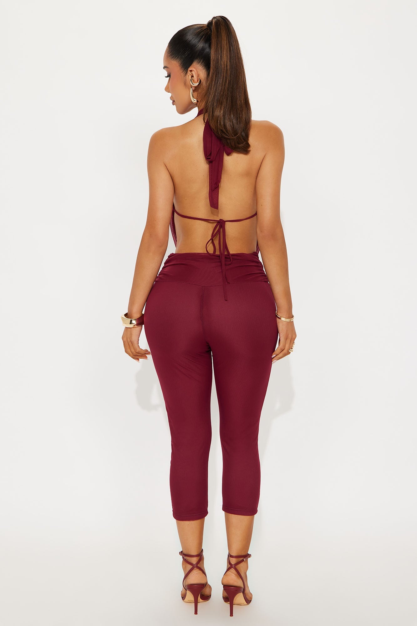 Mya Mesh Backless Halter Capri Jumpsuit - Burgundy image 4
