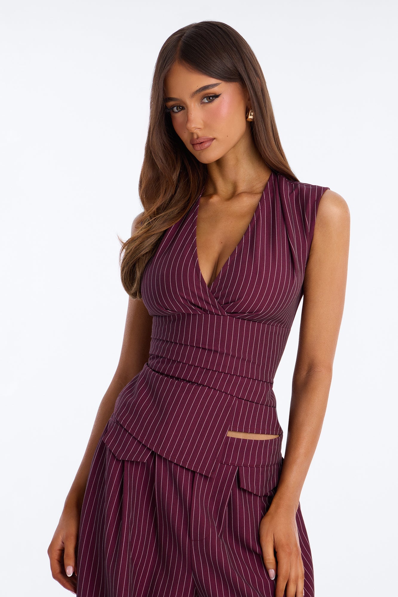Locked In Pinstripe Pant Set - Wine image 6