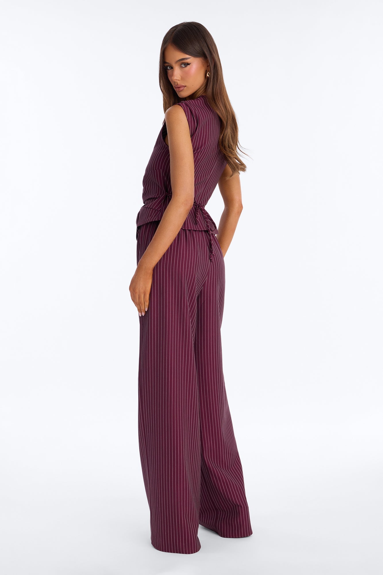 Locked In Pinstripe Pant Set - Wine image 8