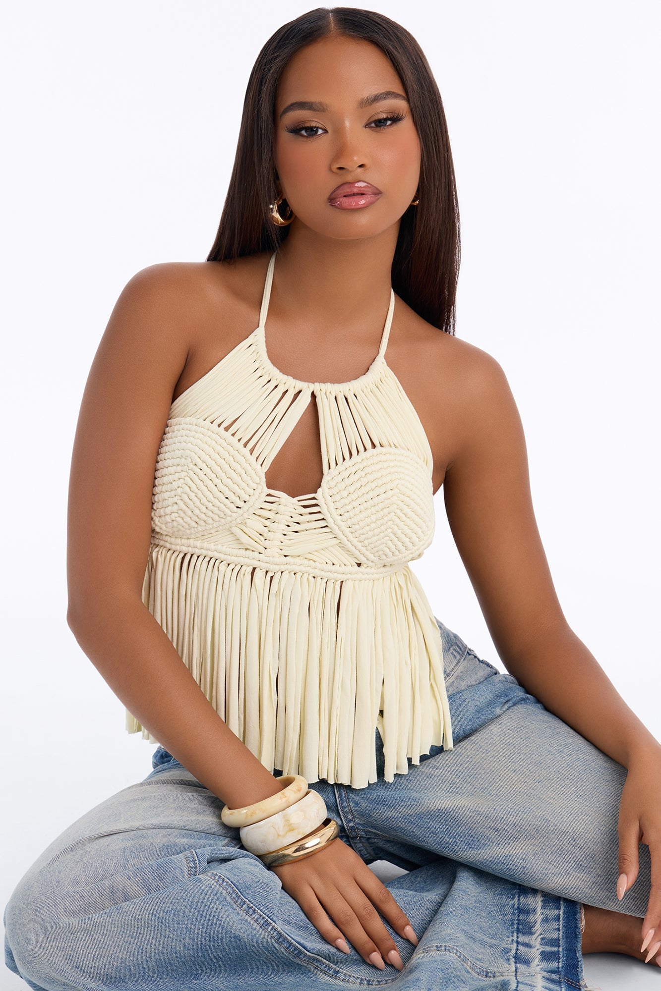Santa Teresa Fringe Halter Top - Cream image 3