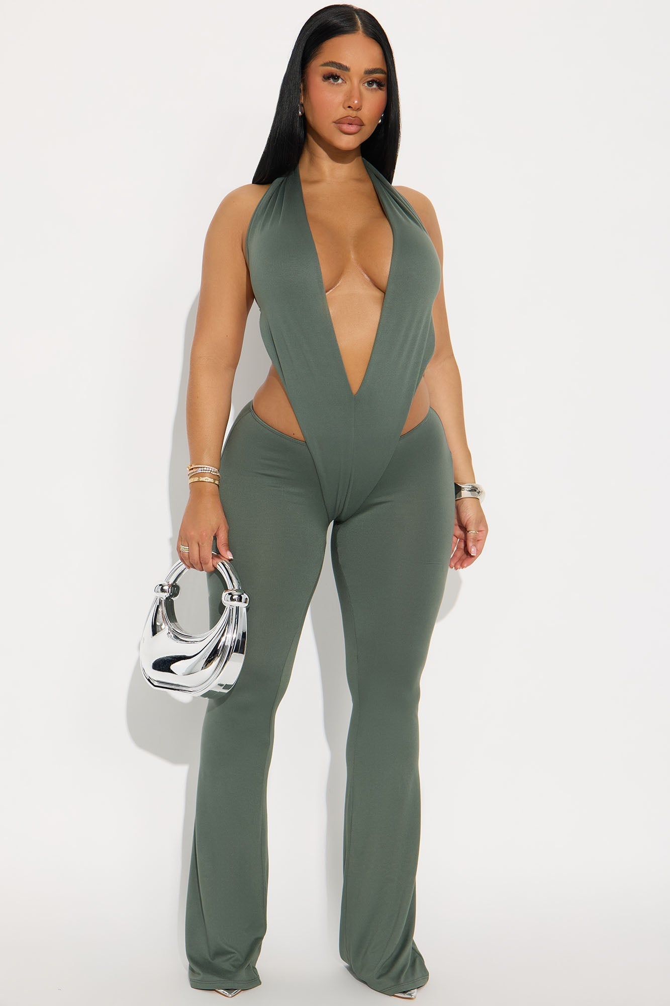Kiss and Run Halter Flare Leg Jumpsuit - Olive image 1