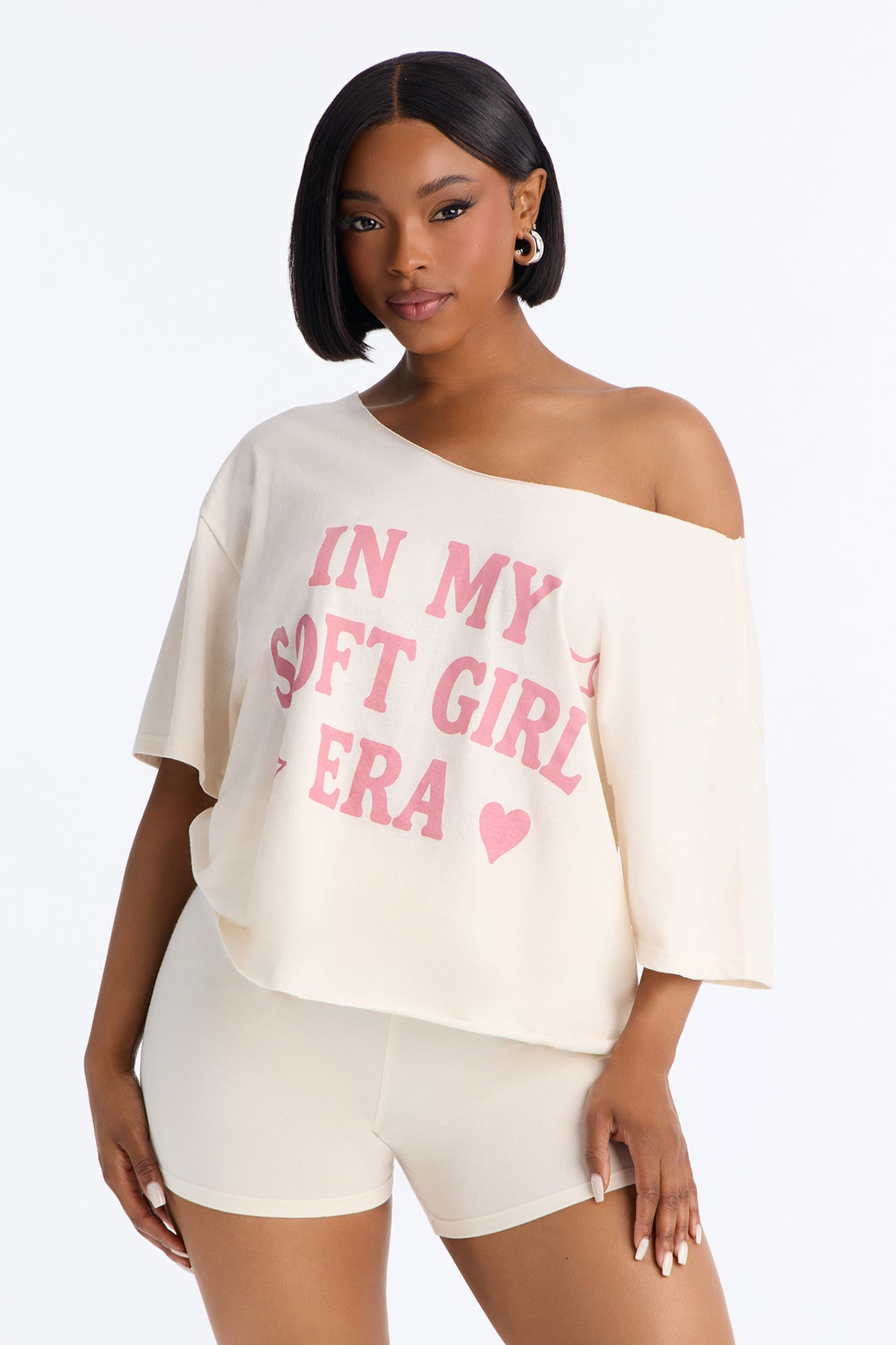 Soft Girl Era Off Shoulder Tee - Cream image 5