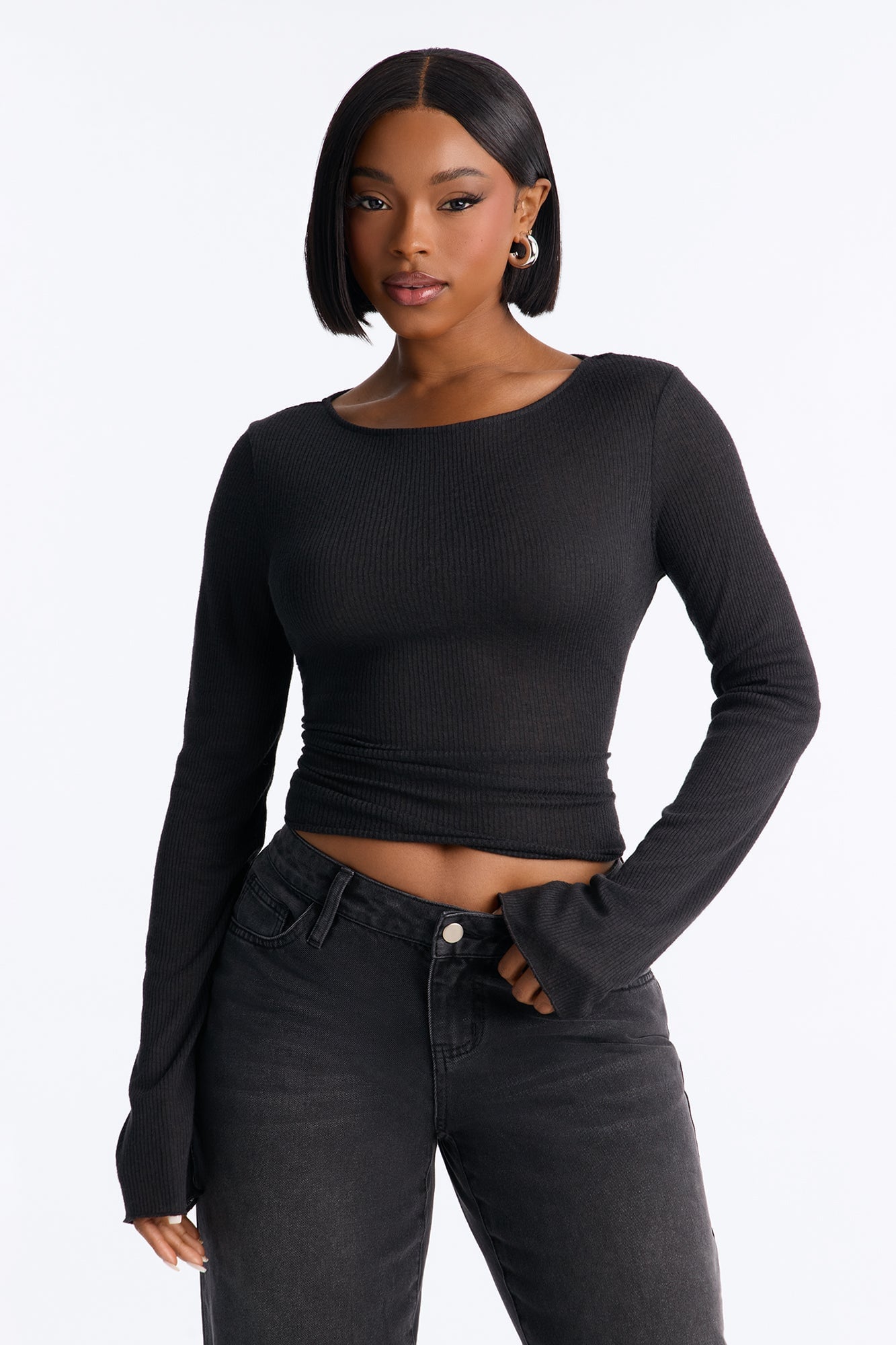 Radiant Ribbed Boat Neck Top - Black image 1