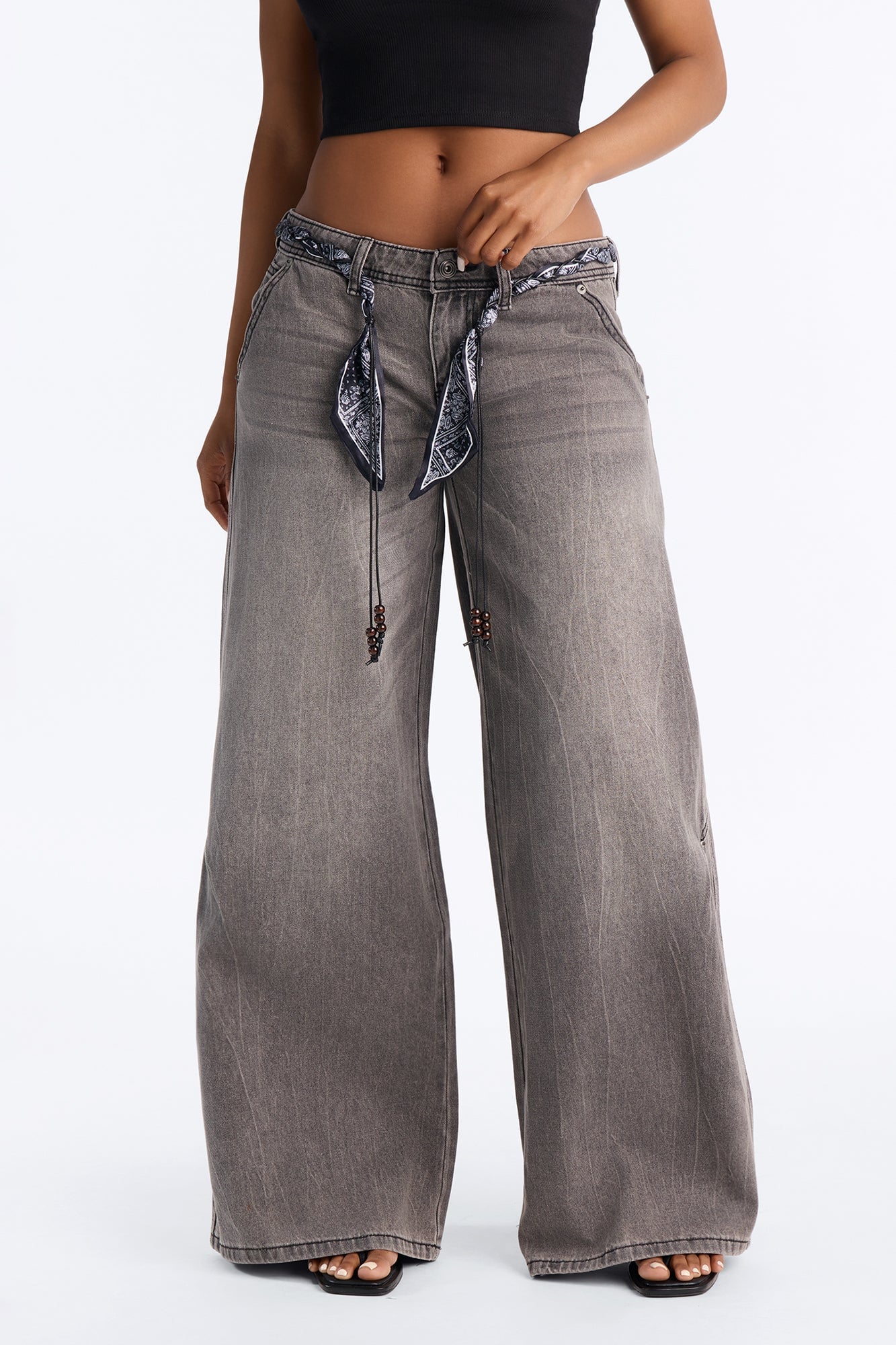 Skyfall Scarf Belted Low Rise Jeans - Grey image 1