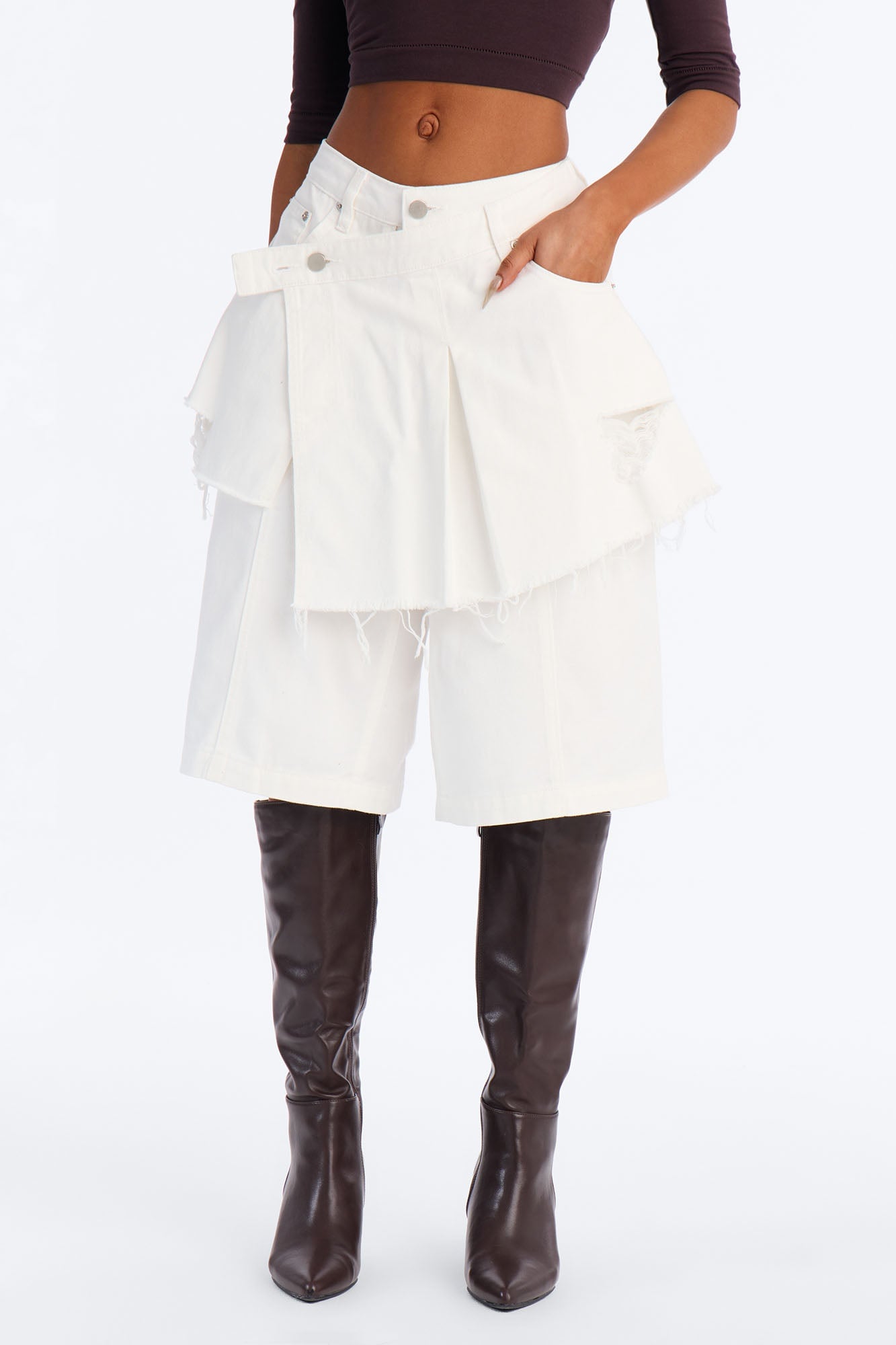 Peyton Skirt Overlay Ripped Culotte Jeans - White image 1