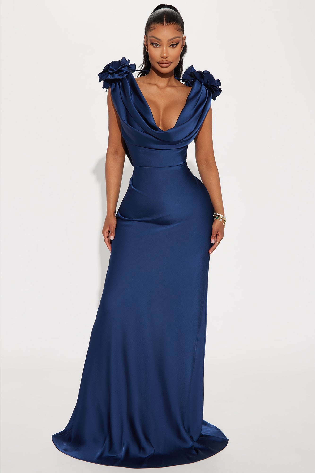 Positano Cowl Neck Satin Maxi Dress - Navy image 5