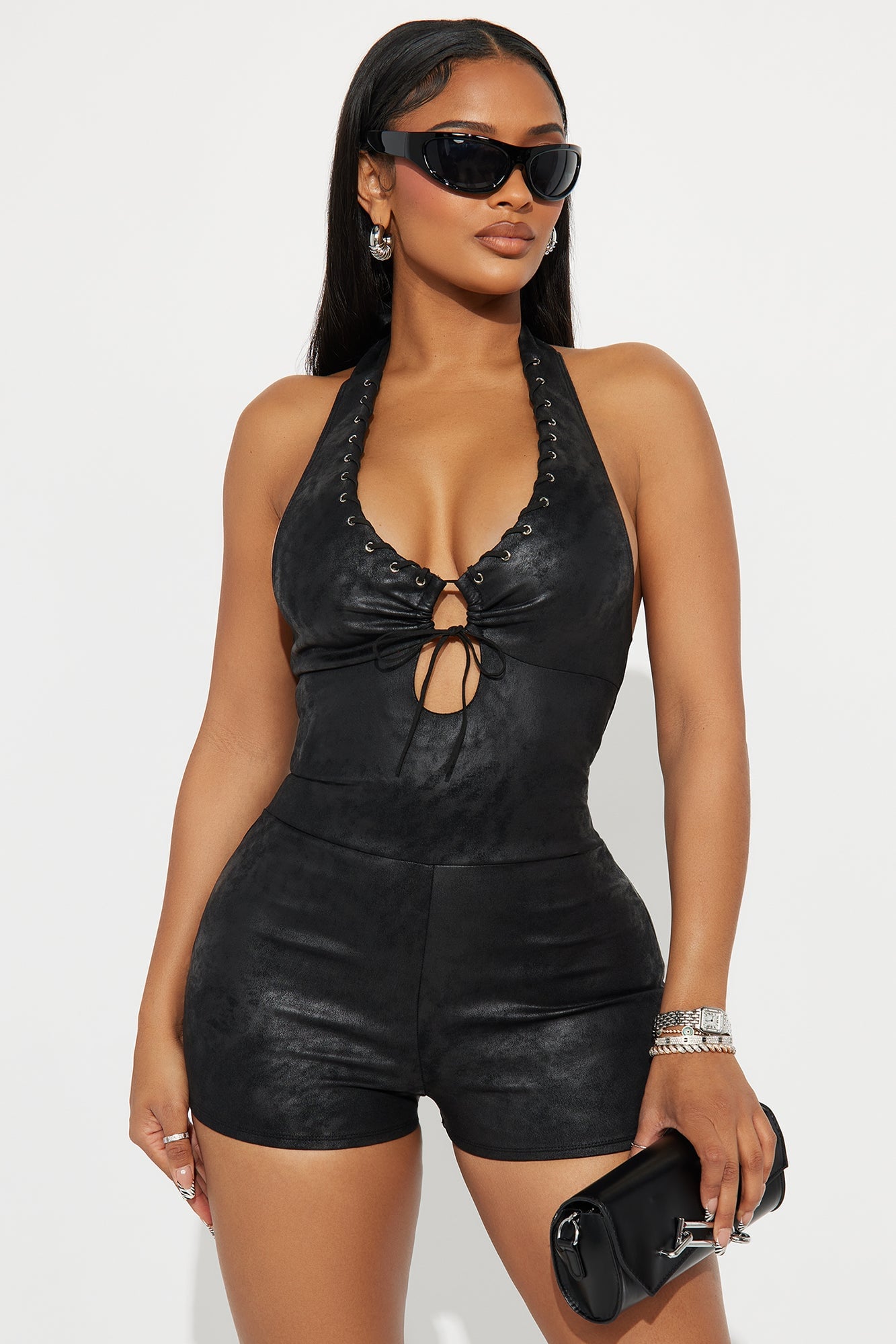 Talk Flirty To Me Faux Suede Romper - Black image 1