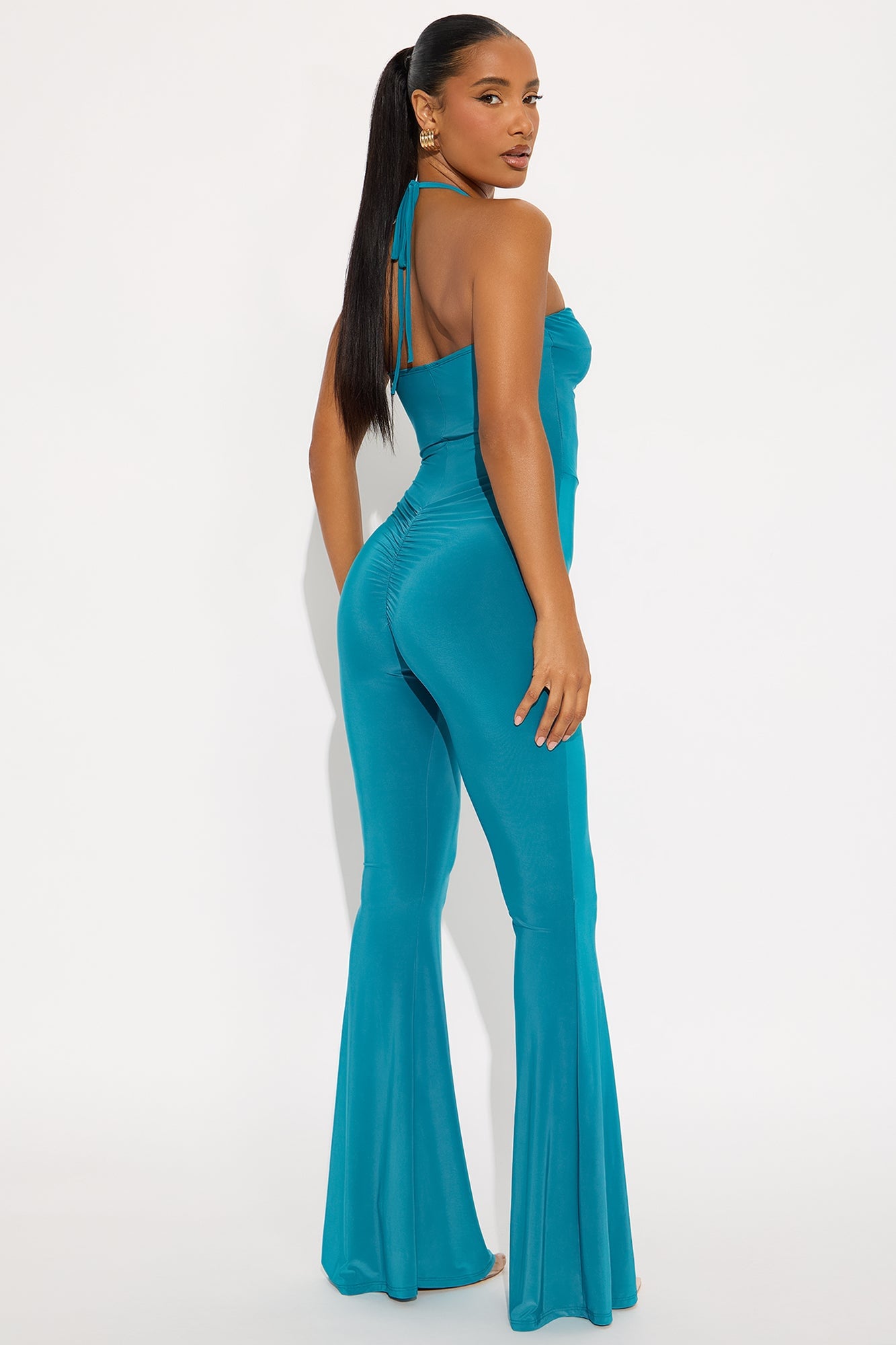 Mya Ruched Halter Flare Leg Jumpsuit - Teal image 3