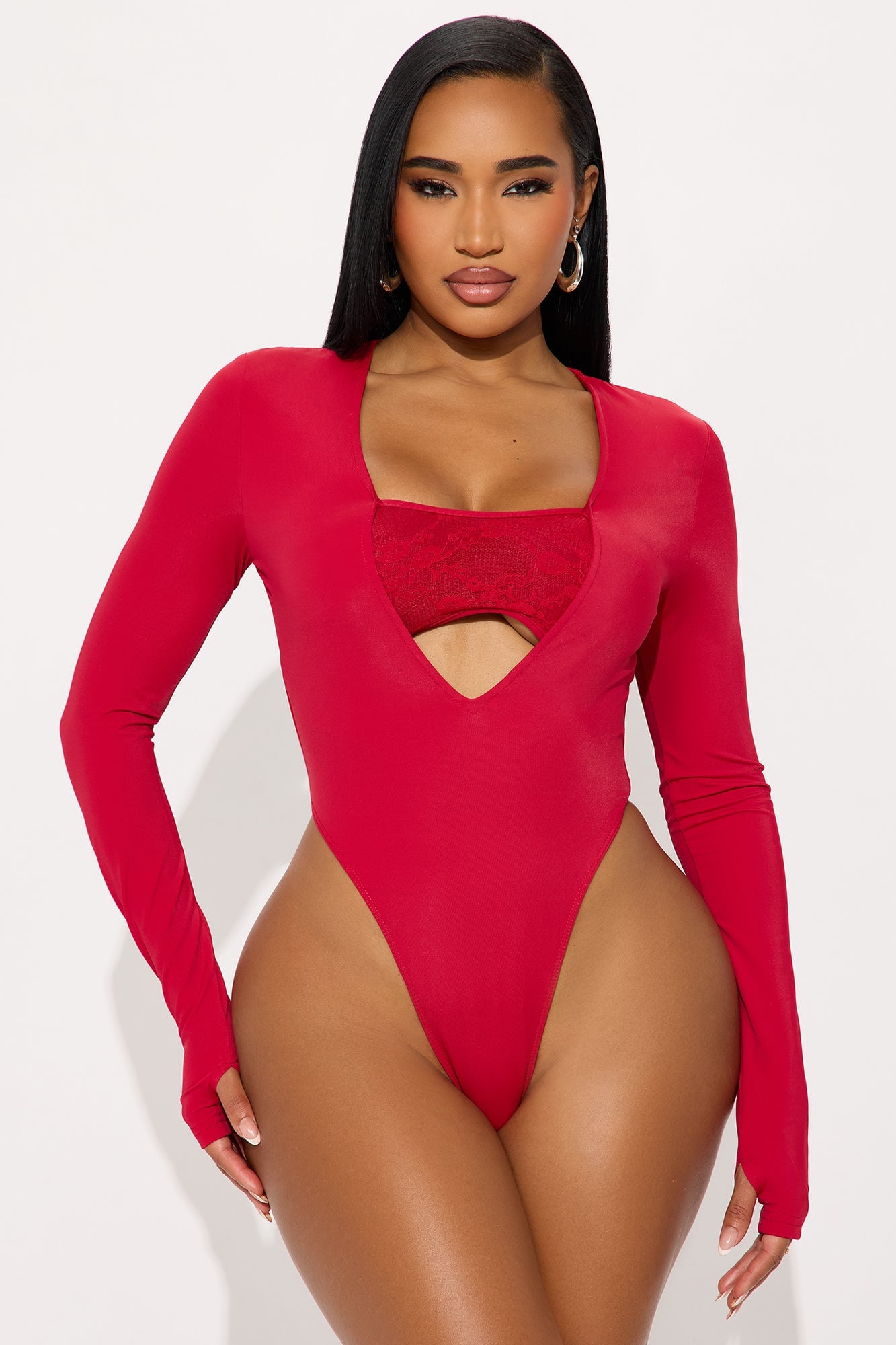 Standing Ovation Long Sleeve High Cut Bodysuit - Red image 5