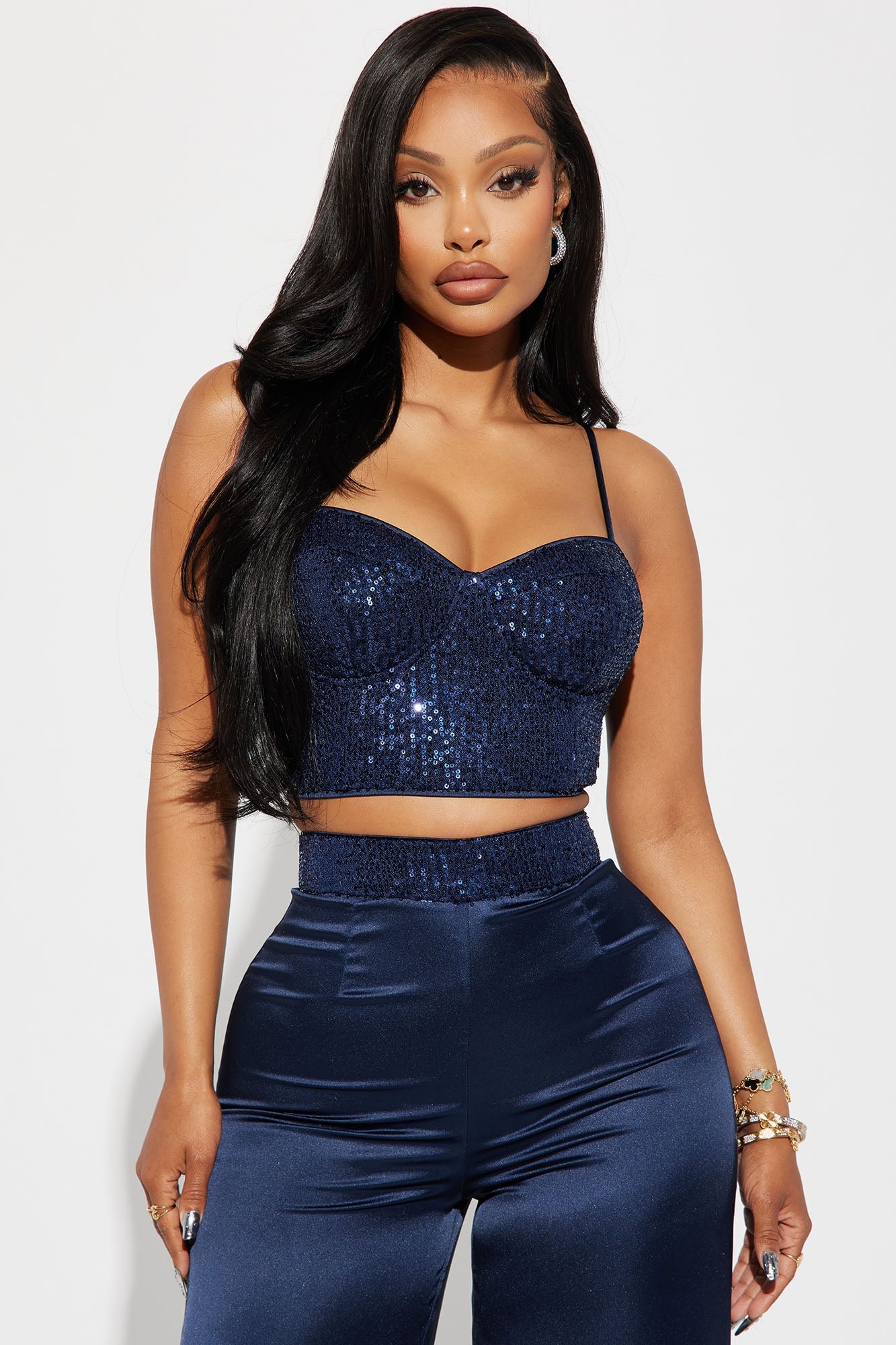 Full Of Sparkle Satin Pant Set - Navy image 5