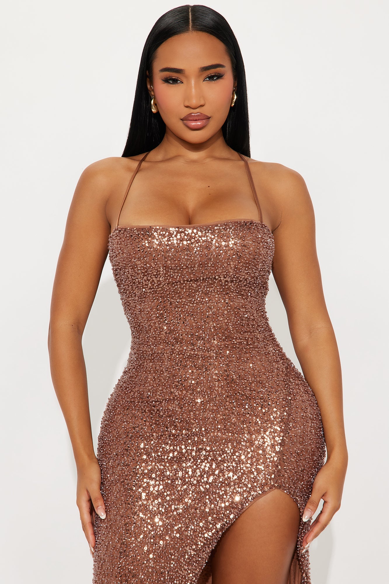 Amira Lace Up Embellished Gown - Brown image 2