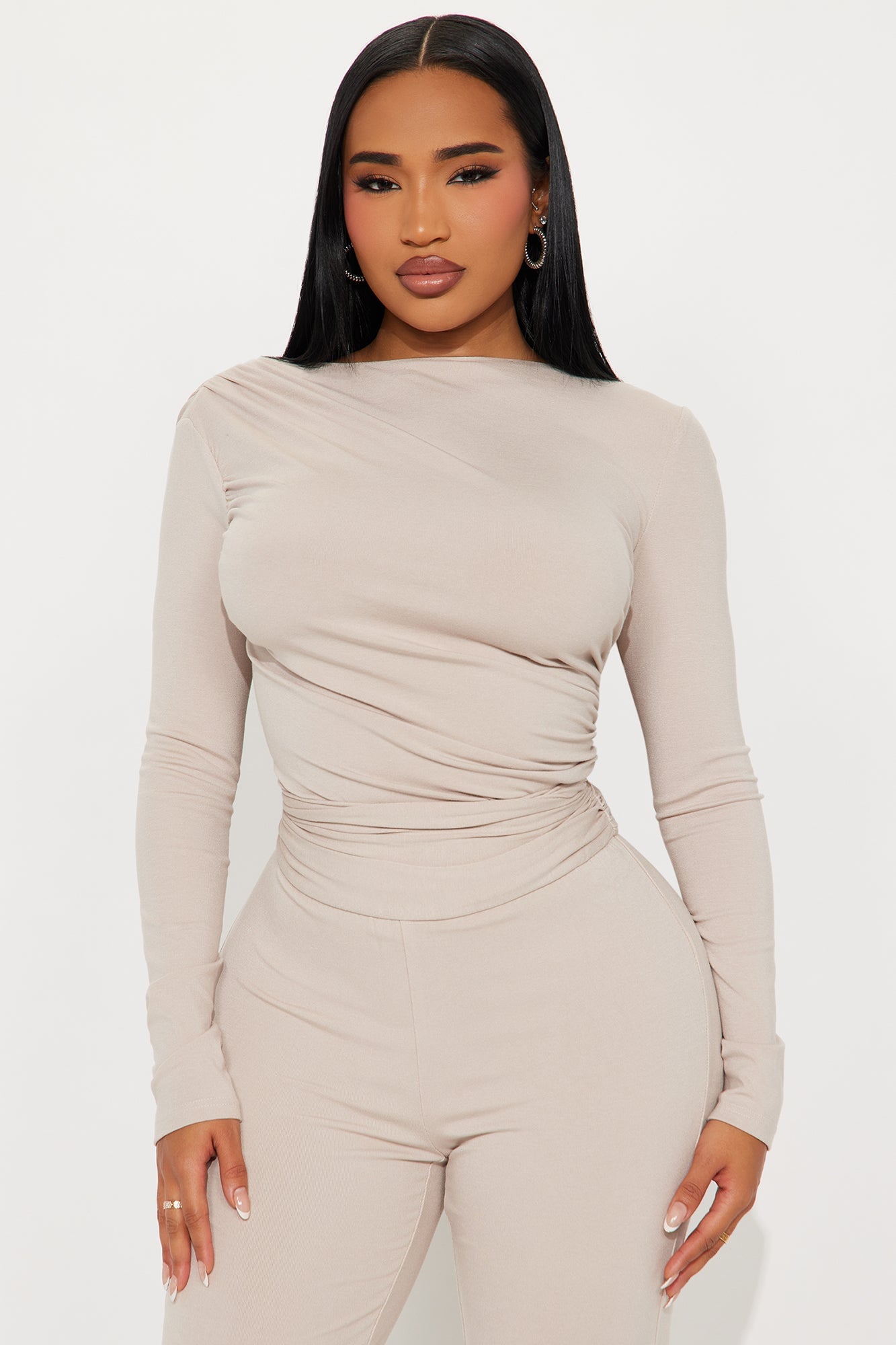 Isabella Ribbed Long Sleeve Jumpsuit - Stone image 5