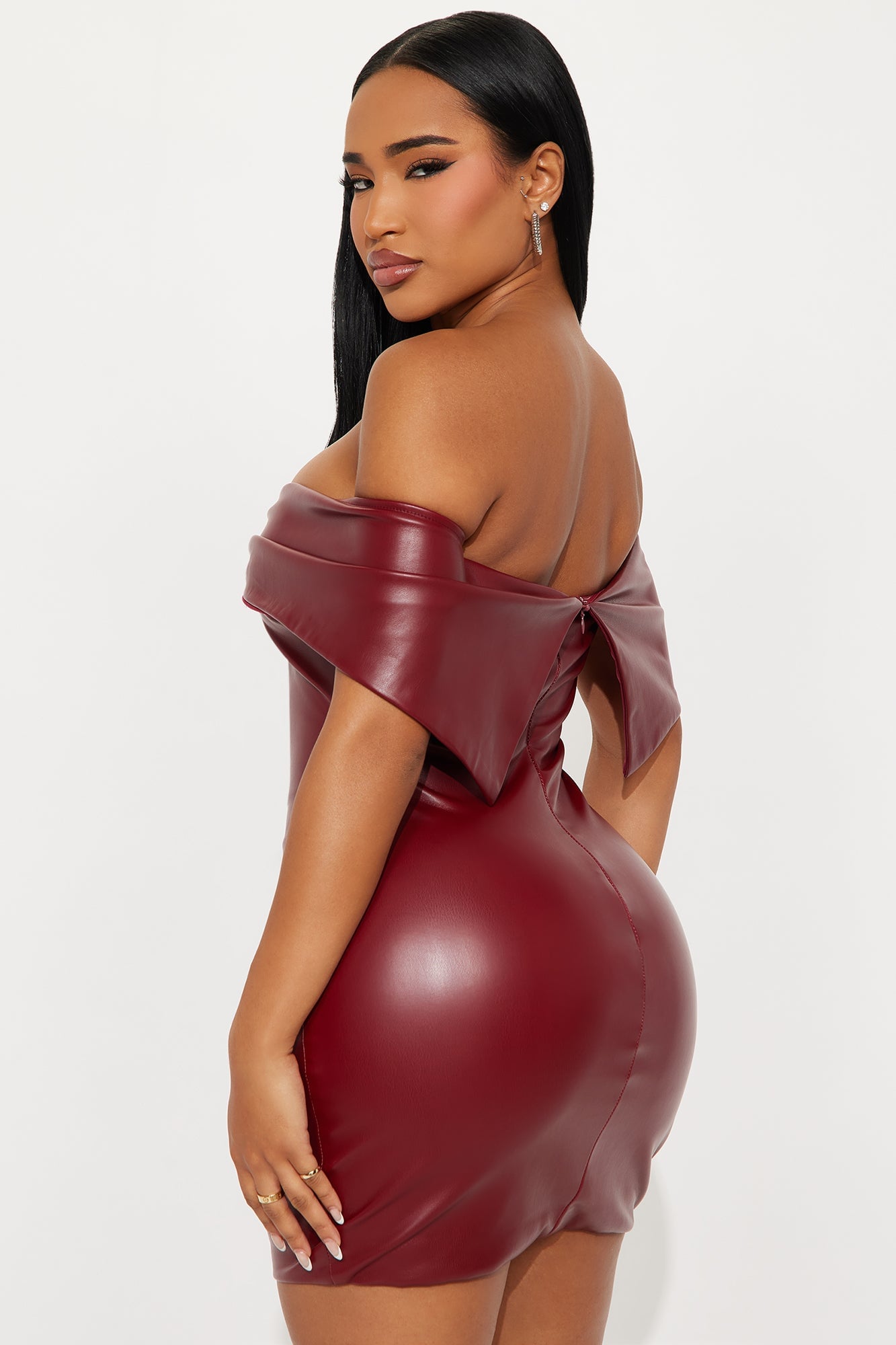 Elizabeth Bow Faux Leather Mini Dress - Wine image 3