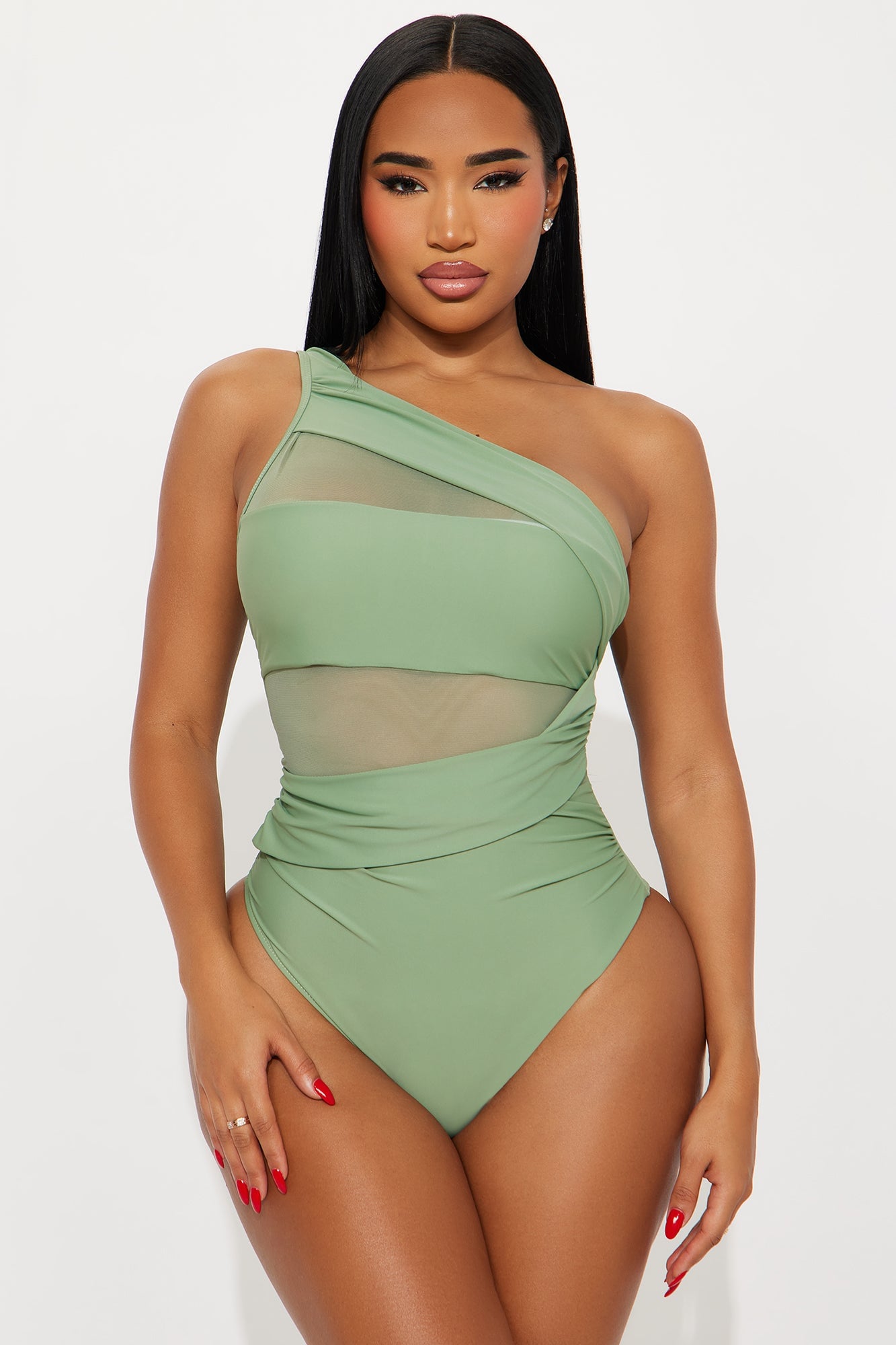 At The Cabana One Shoulder Mesh Cutout Tummy Control 1 Piece Swimsuit - Green image 4