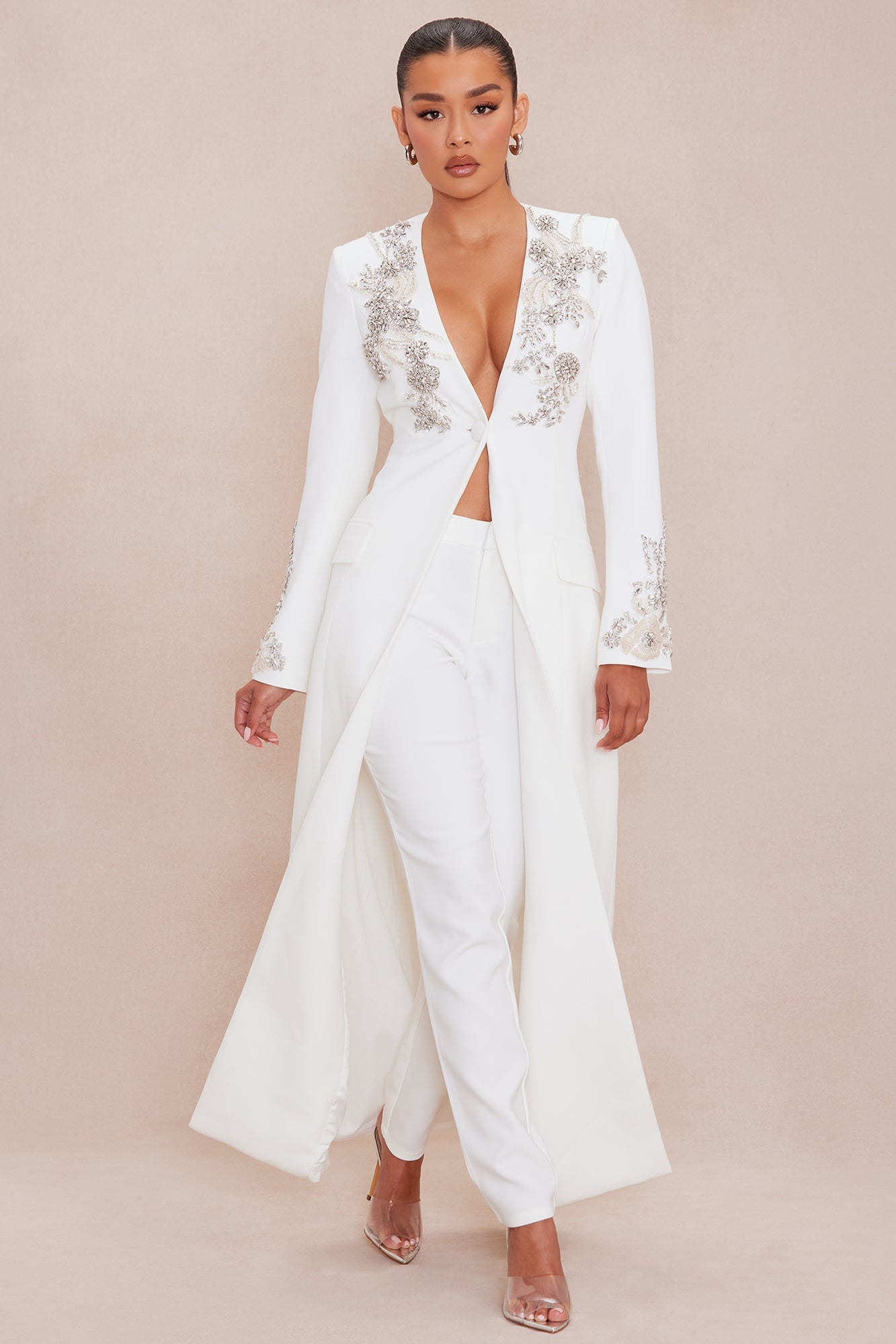 Gracelyn Embellished Maxi Blazer Suit Set - White image 5