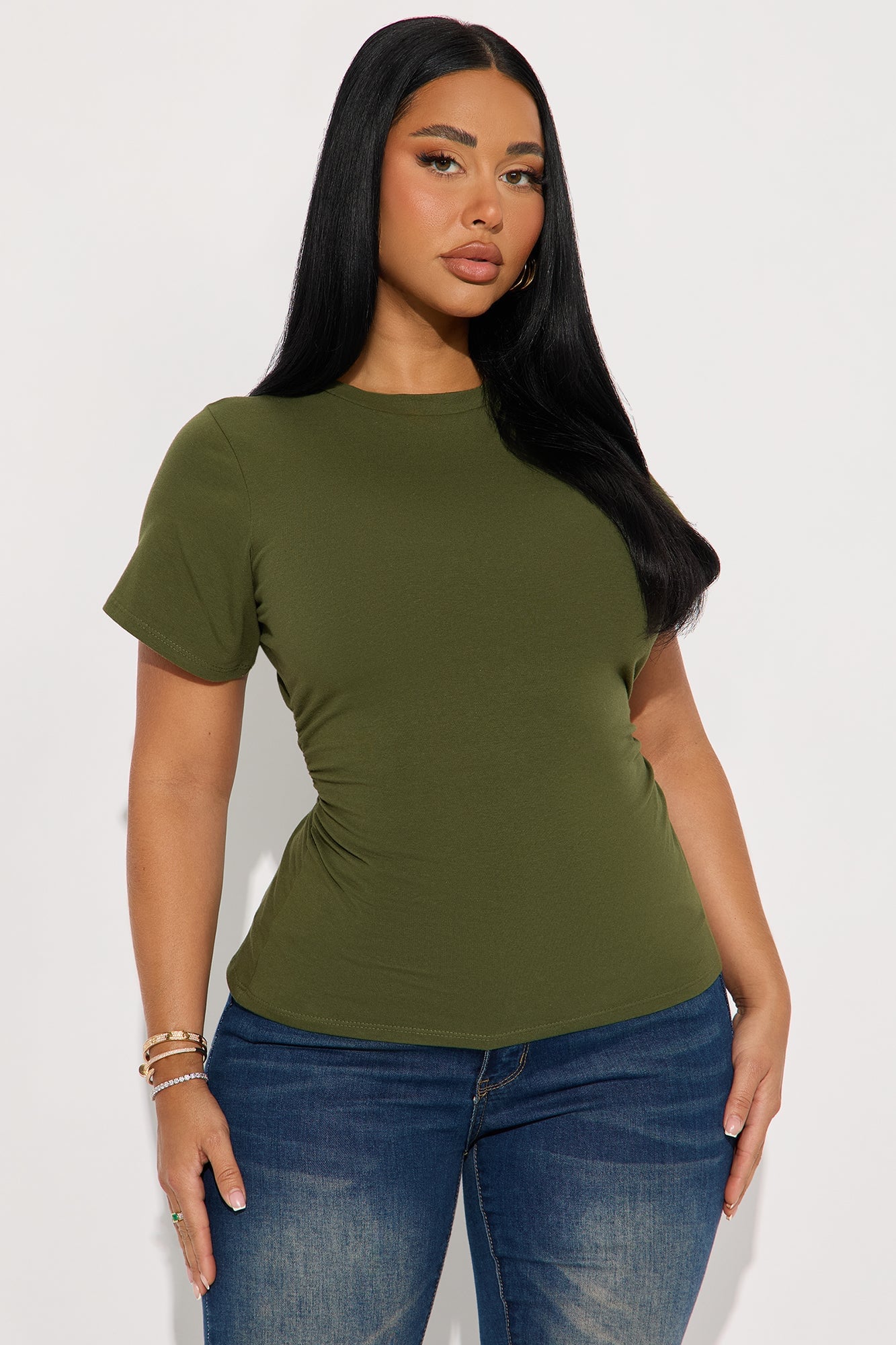Simply Me Ruched Short Sleeve T-Shirt - Olive image 4
