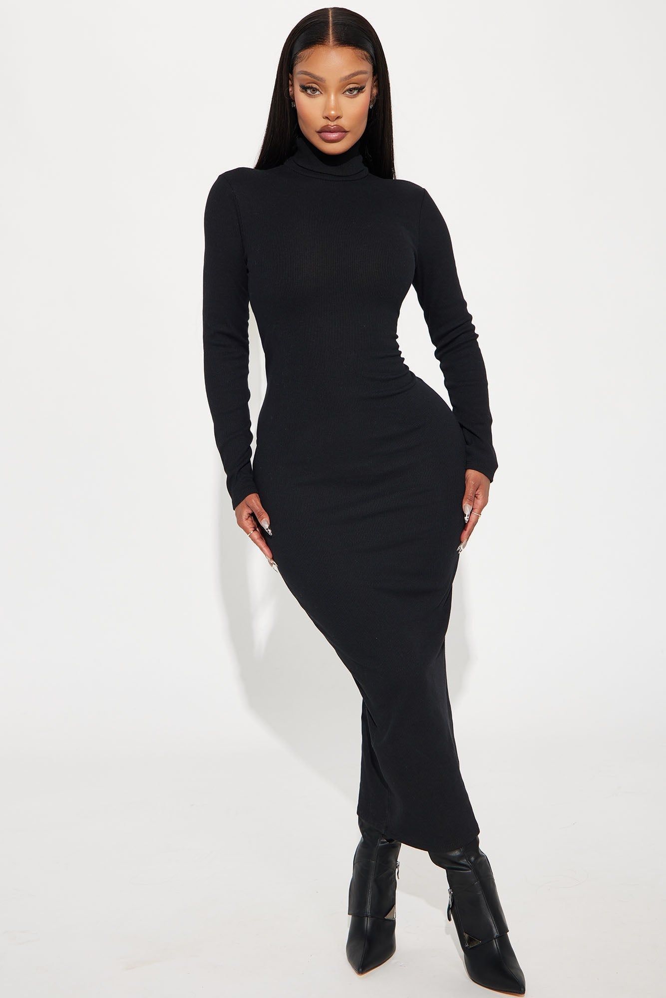 Alina Turtleneck Ribbed Midi Dress - Black image 5