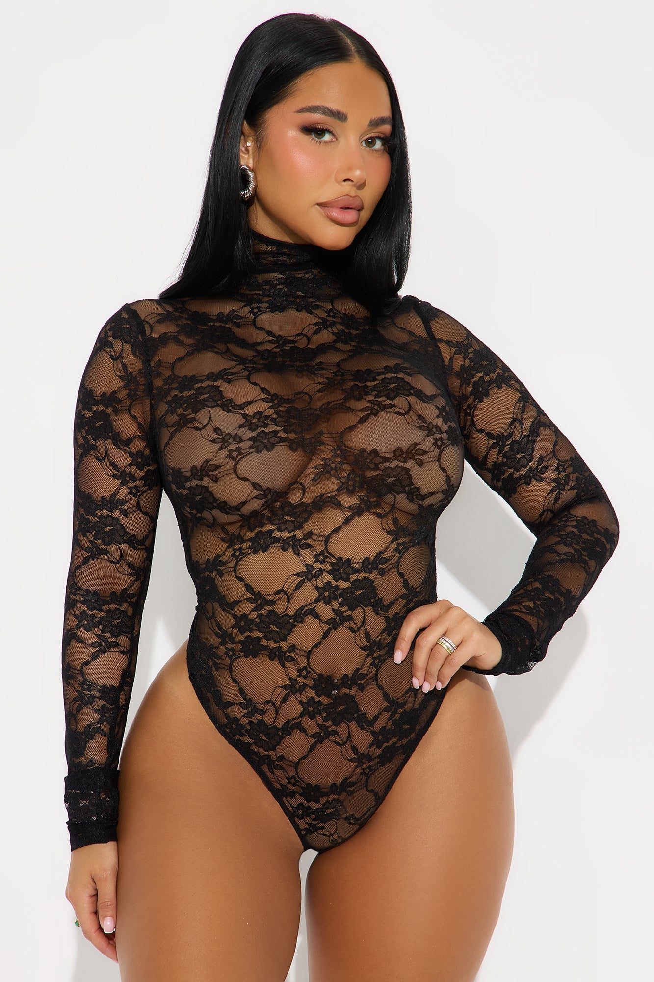 Elma Long Sleeve Turtle Neck Lace Bodysuit - Black image 5