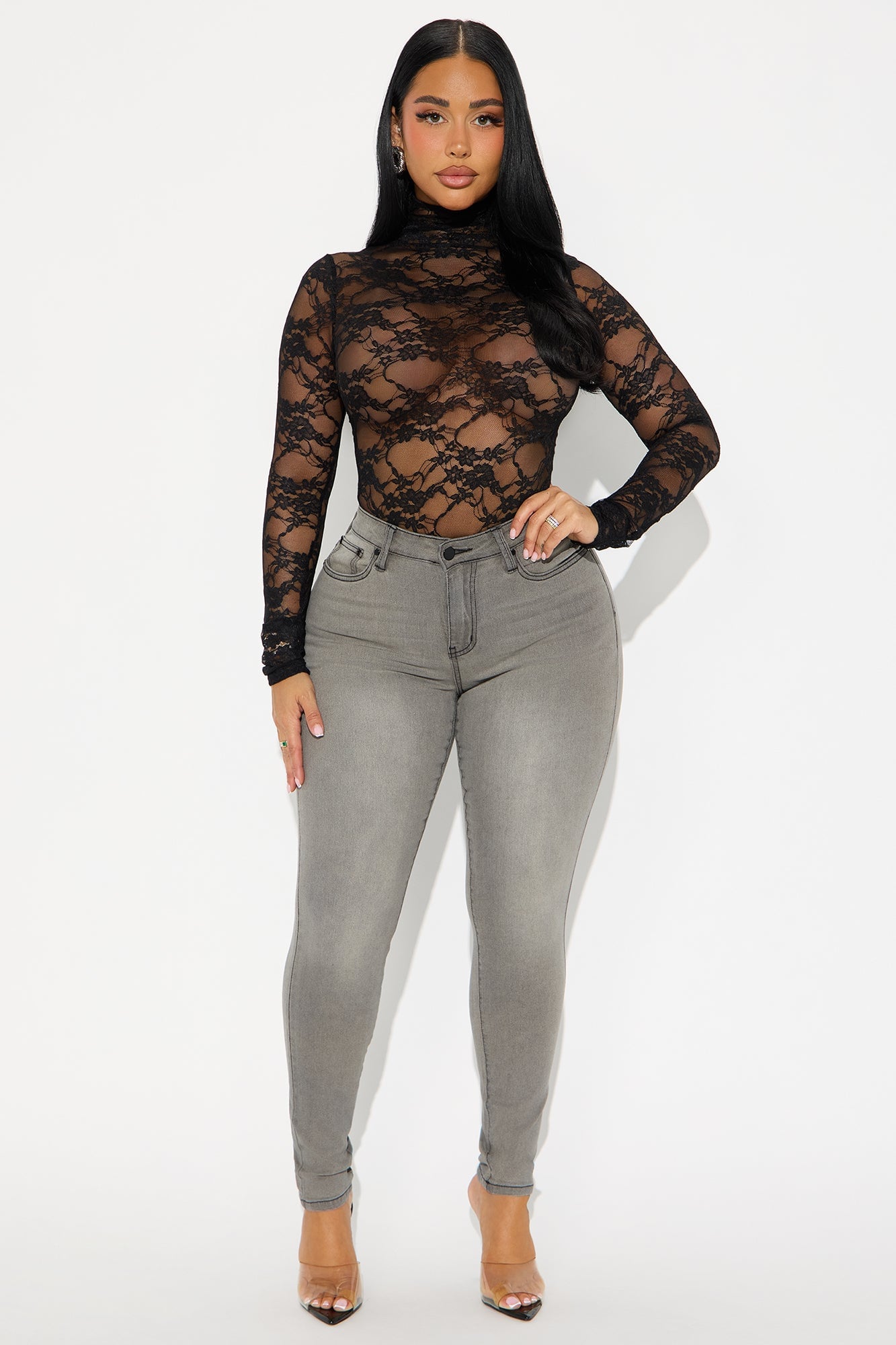 Elma Long Sleeve Turtle Neck Lace Bodysuit - Black image 6