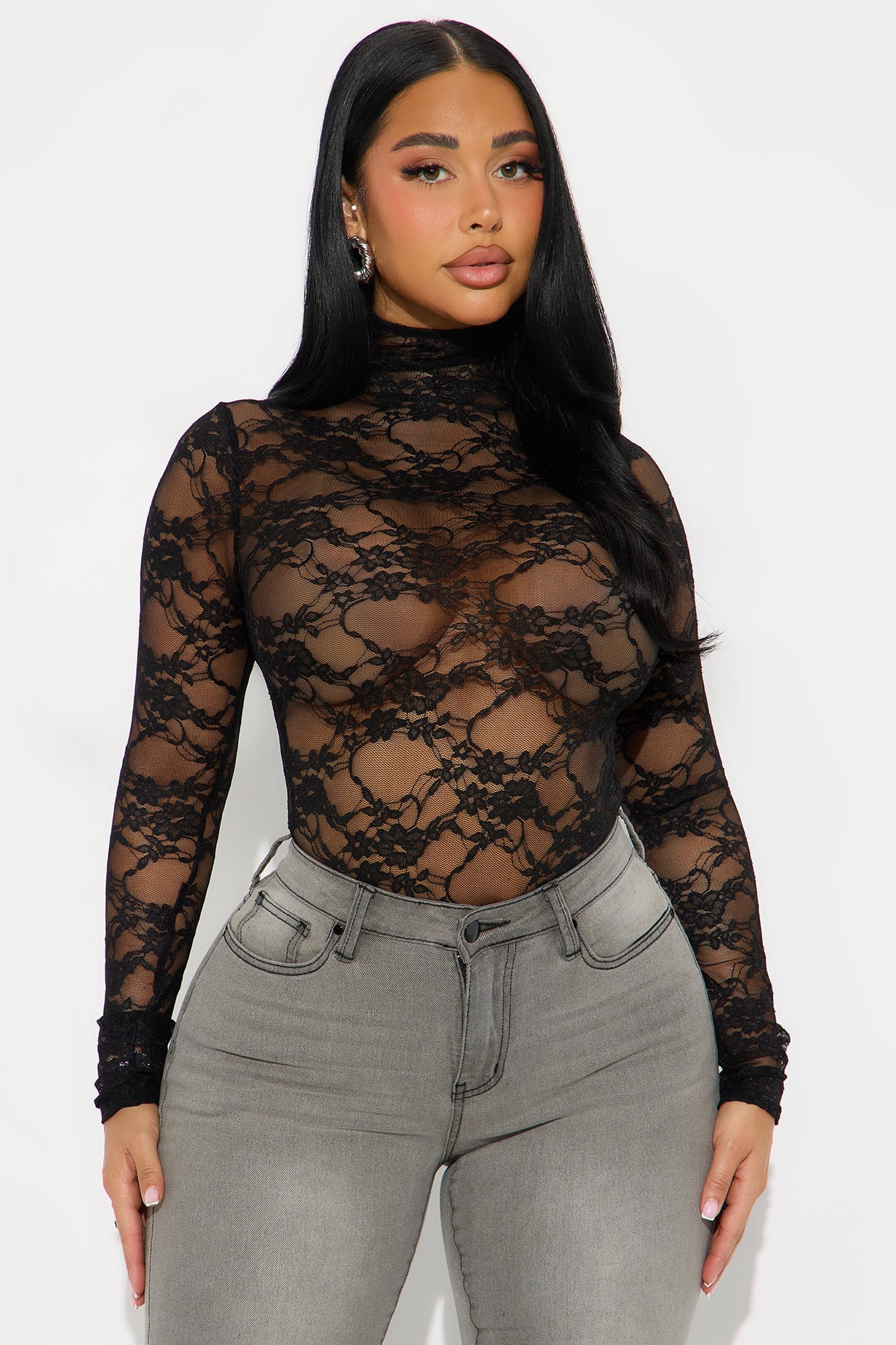 Elma Long Sleeve Turtle Neck Lace Bodysuit - Black image 7