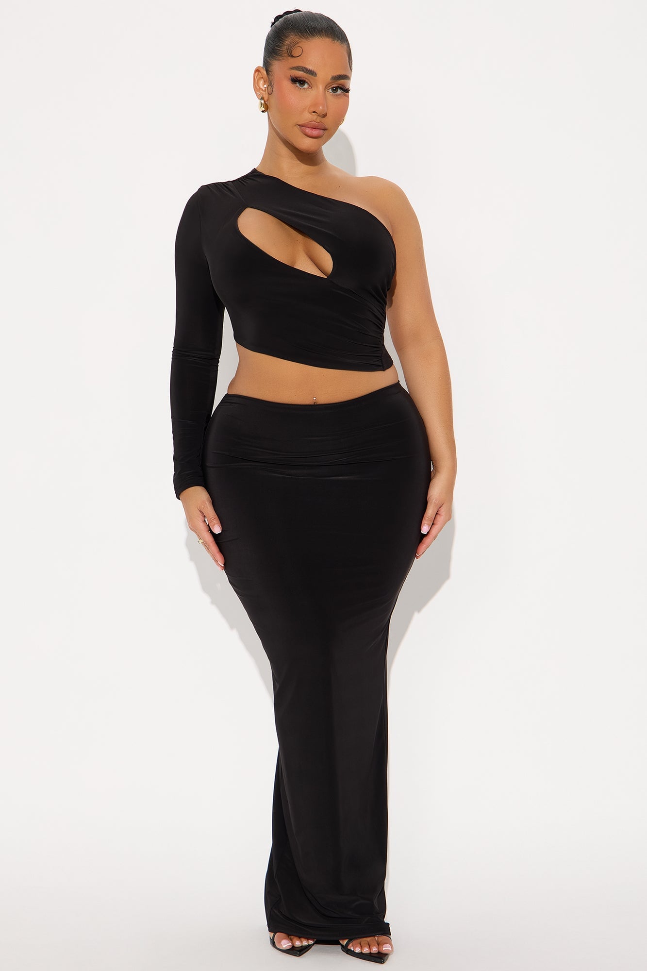 Molly One Shoulder Long Sleeve Skirt Set - Black image 4