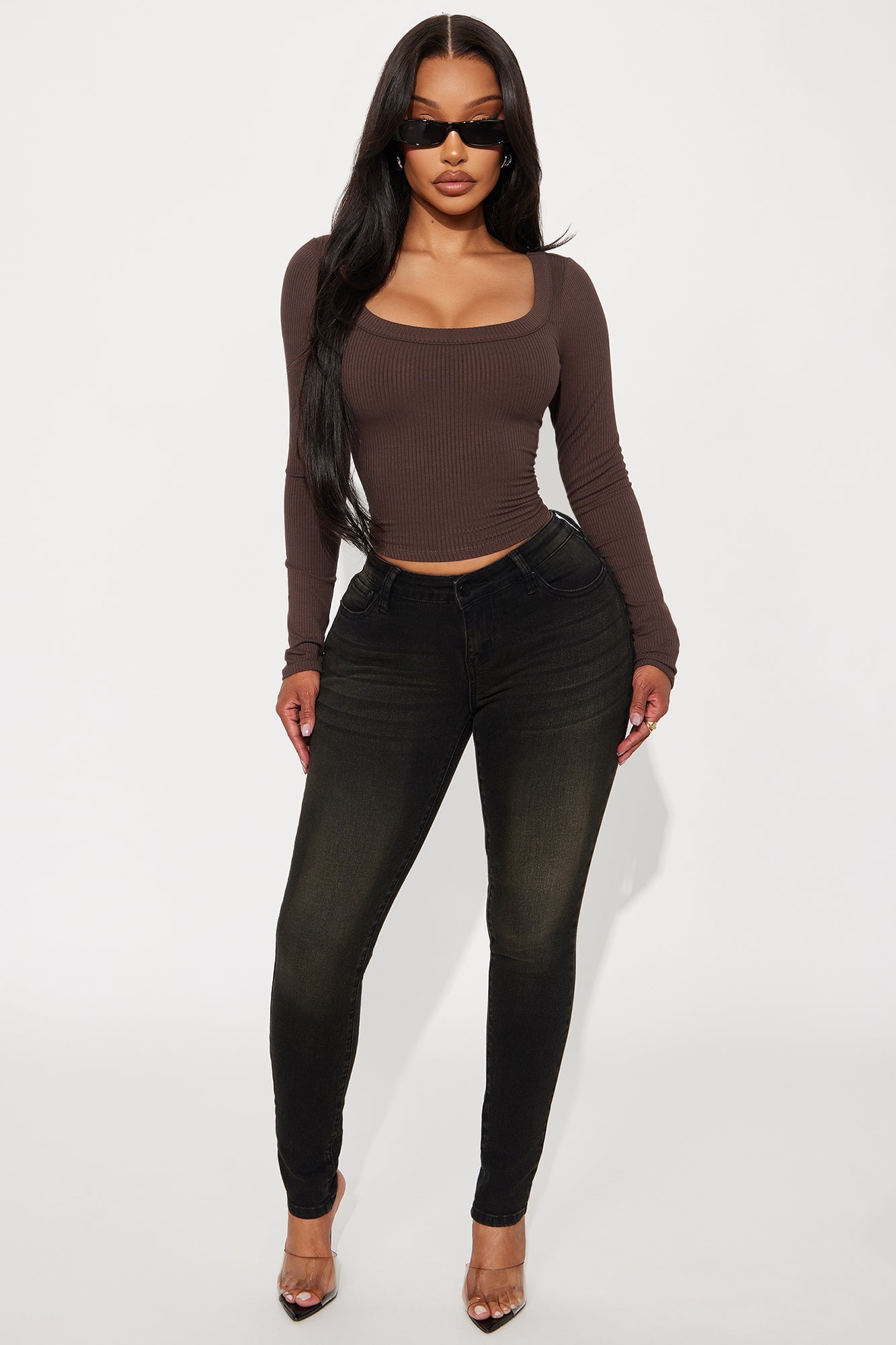 Nikki Ribbed Long Sleeve Basic Top - Brown image 2