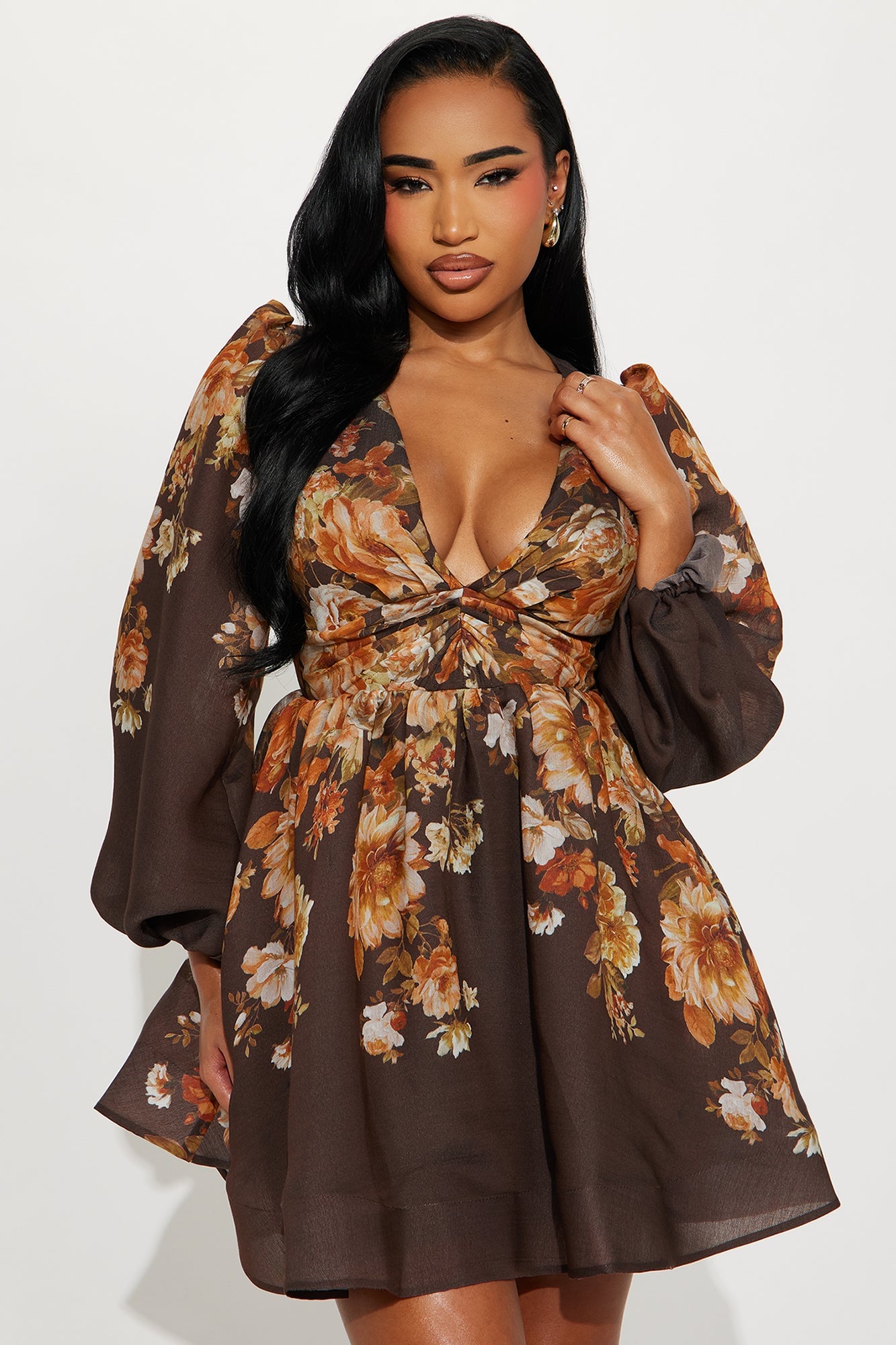 Esme Floral Long Sleeve Mini Dress - Brown image 5