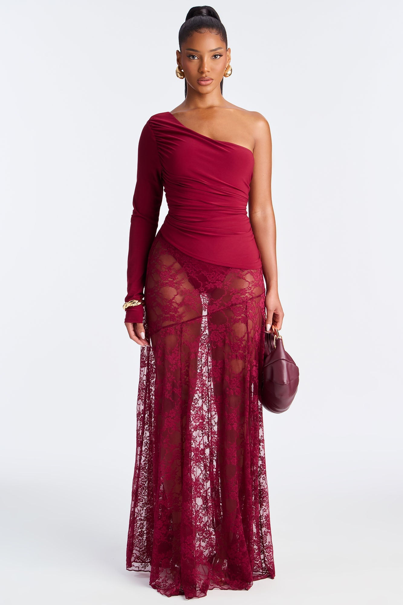 Natalia Ruched Asymmetrical One Shoulder Bodysuit - Burgundy image 2