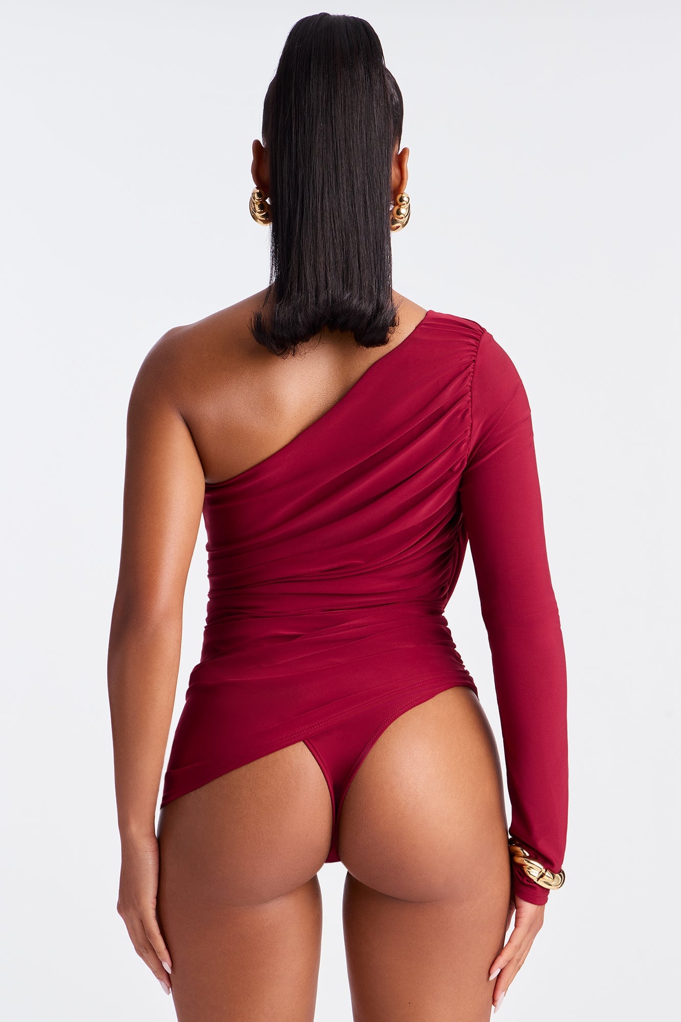 Natalia Ruched Asymmetrical One Shoulder Bodysuit - Burgundy image 3