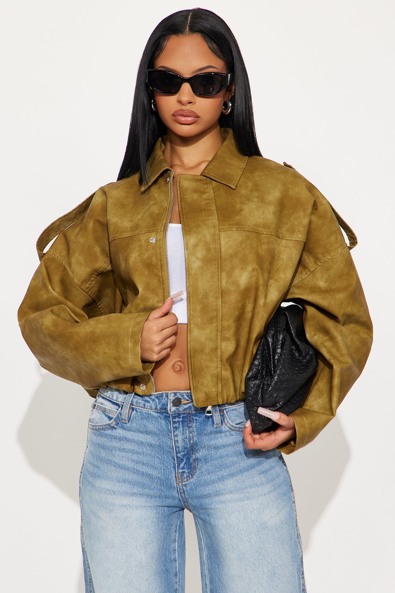 Chelsea Washed Faux Leather Bubble Jacket - Olive image 4