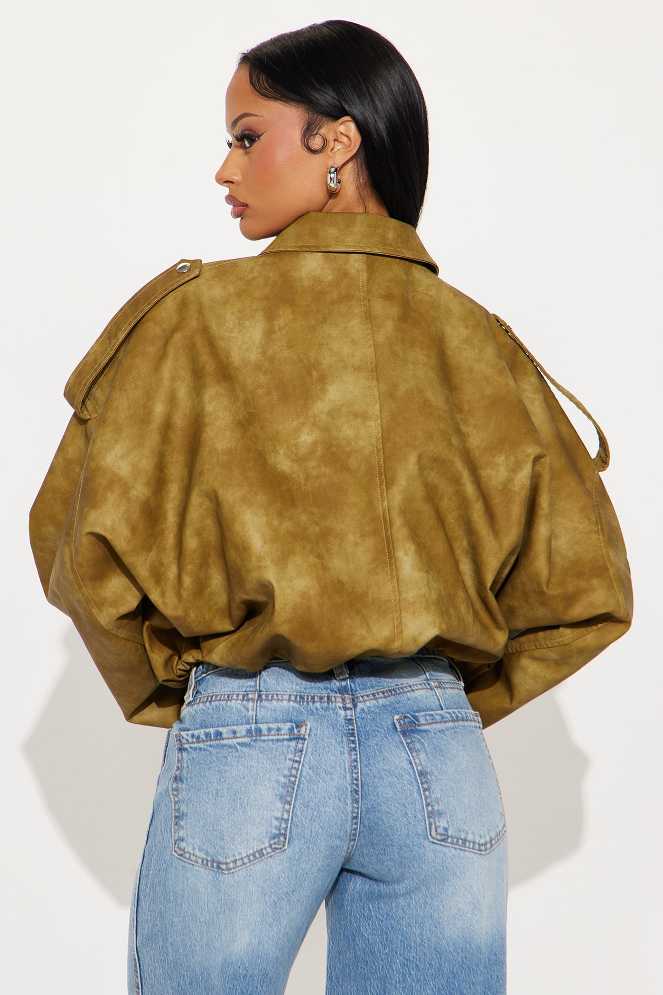Chelsea Washed Faux Leather Bubble Jacket - Olive image 6