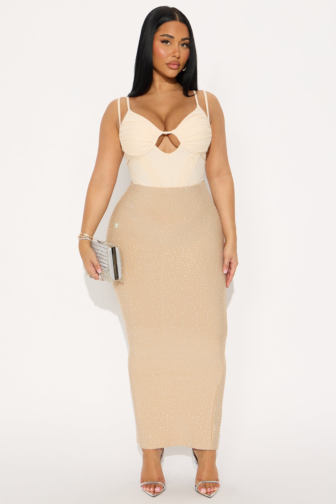 Late To The Party Rhinestone Bandage Maxi Skirt - Taupe image 4