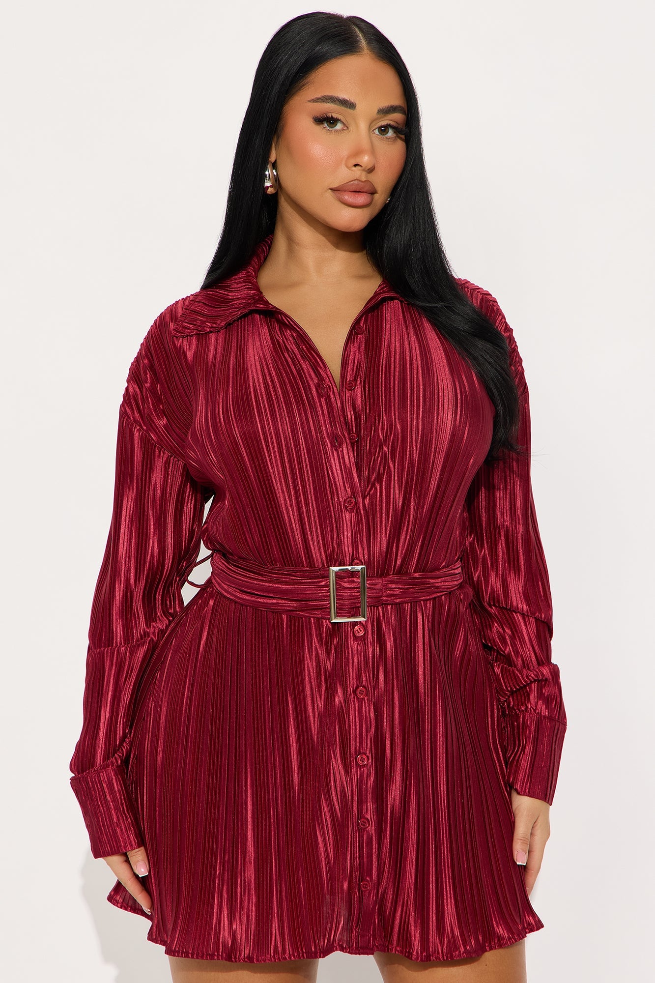 Hot Off The Press Pleated Satin Mini Dress - Wine image 4