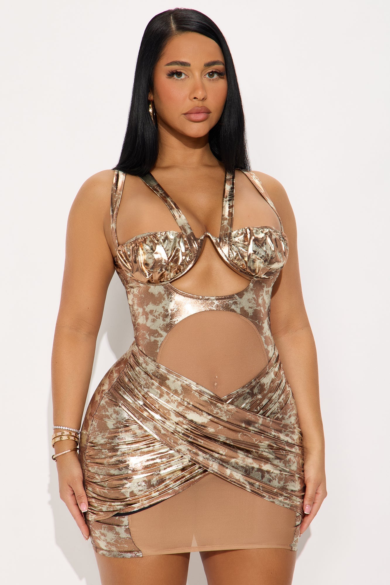 Emilia Metallic Draped Mini Dress - Bronze image 1