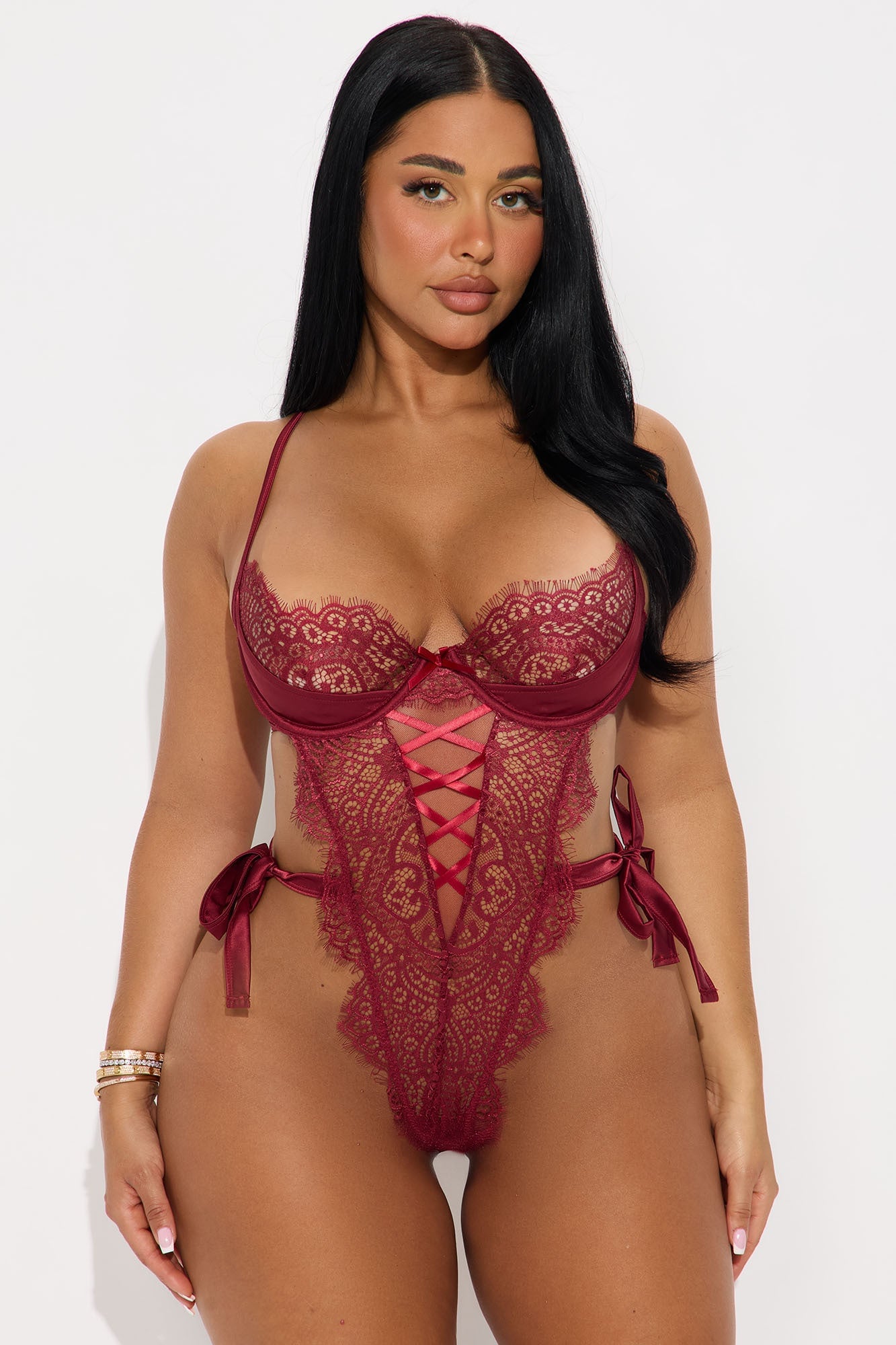 High Expectations Ribbon Tie Lace Crotchless Teddy - Wine image 1
