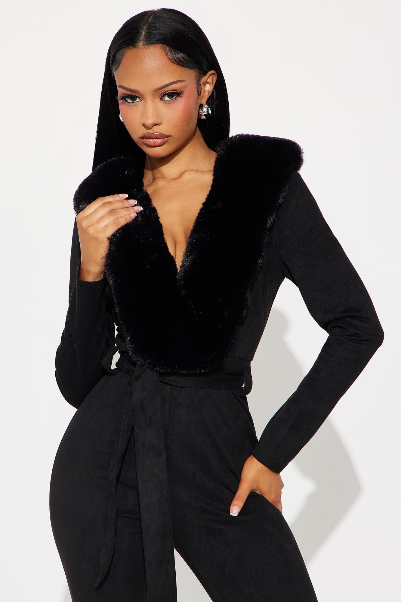 Hard To Handle Faux Suede Fur Trim Jumpsuit - Black image 2