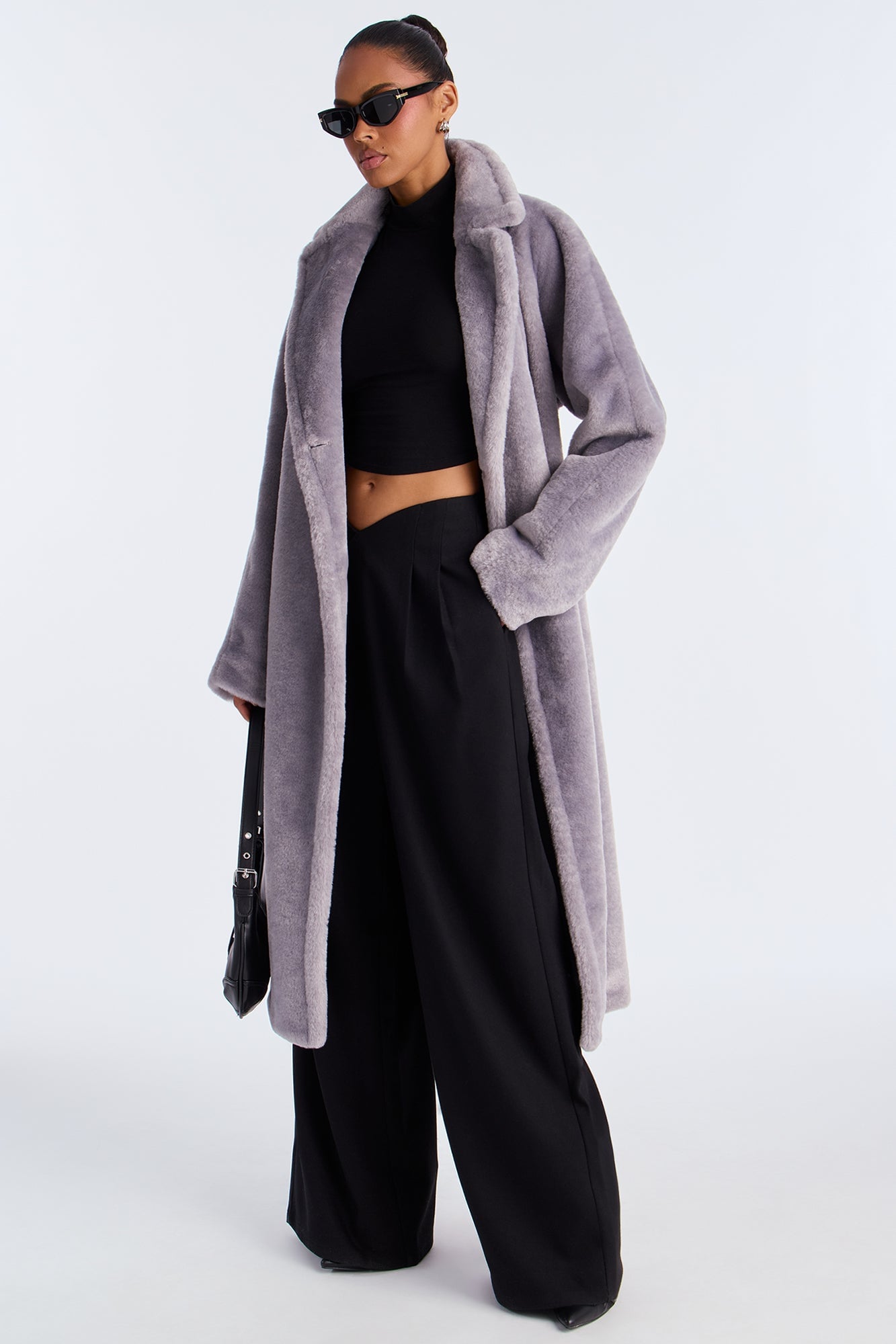 Natasha Belted Faux Fur Long Coat - Grey image 4