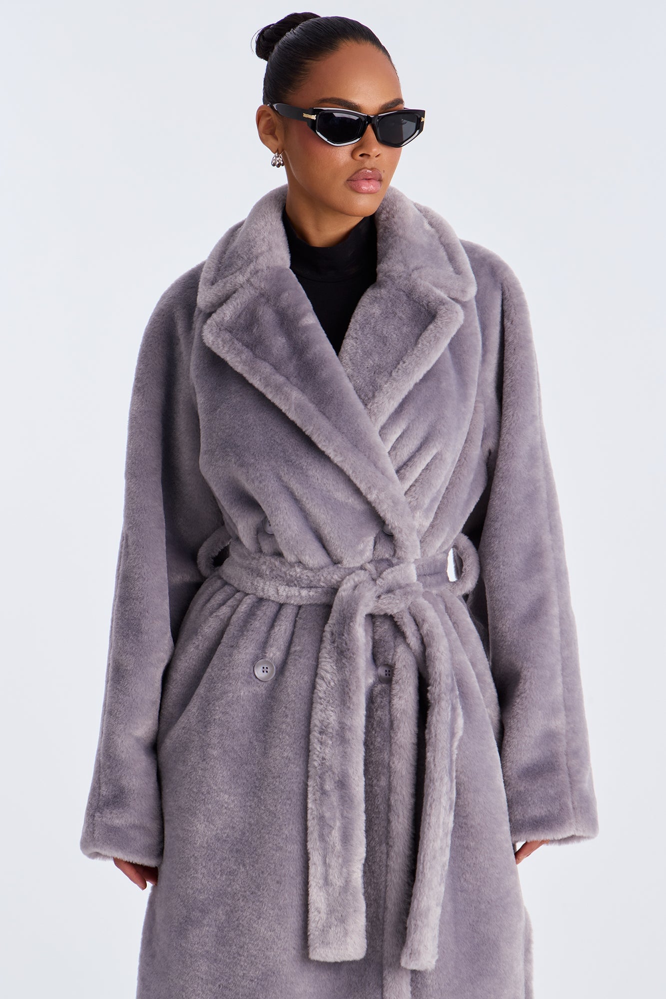 Natasha Belted Faux Fur Long Coat - Grey image 5