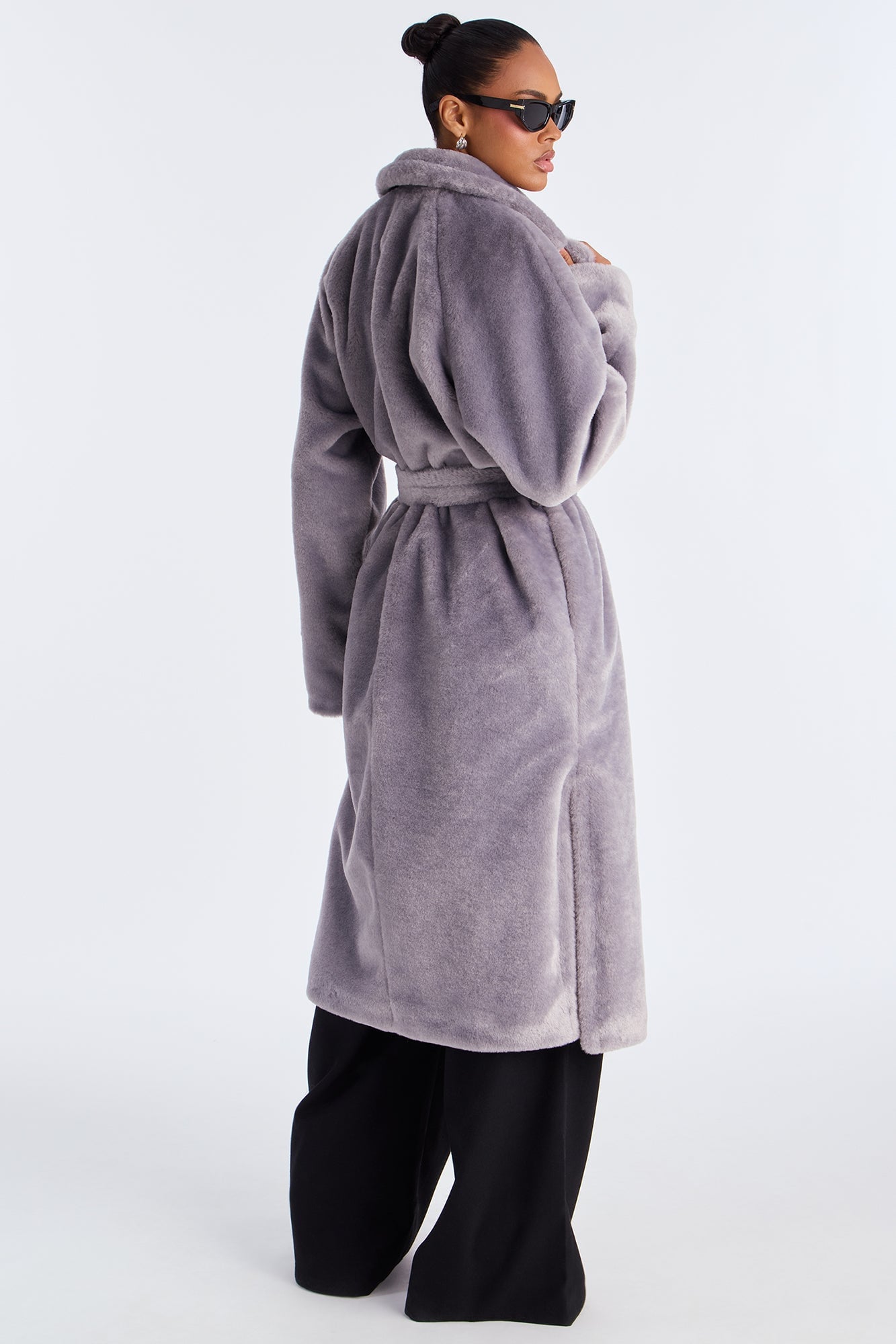 Natasha Belted Faux Fur Long Coat - Grey image 6