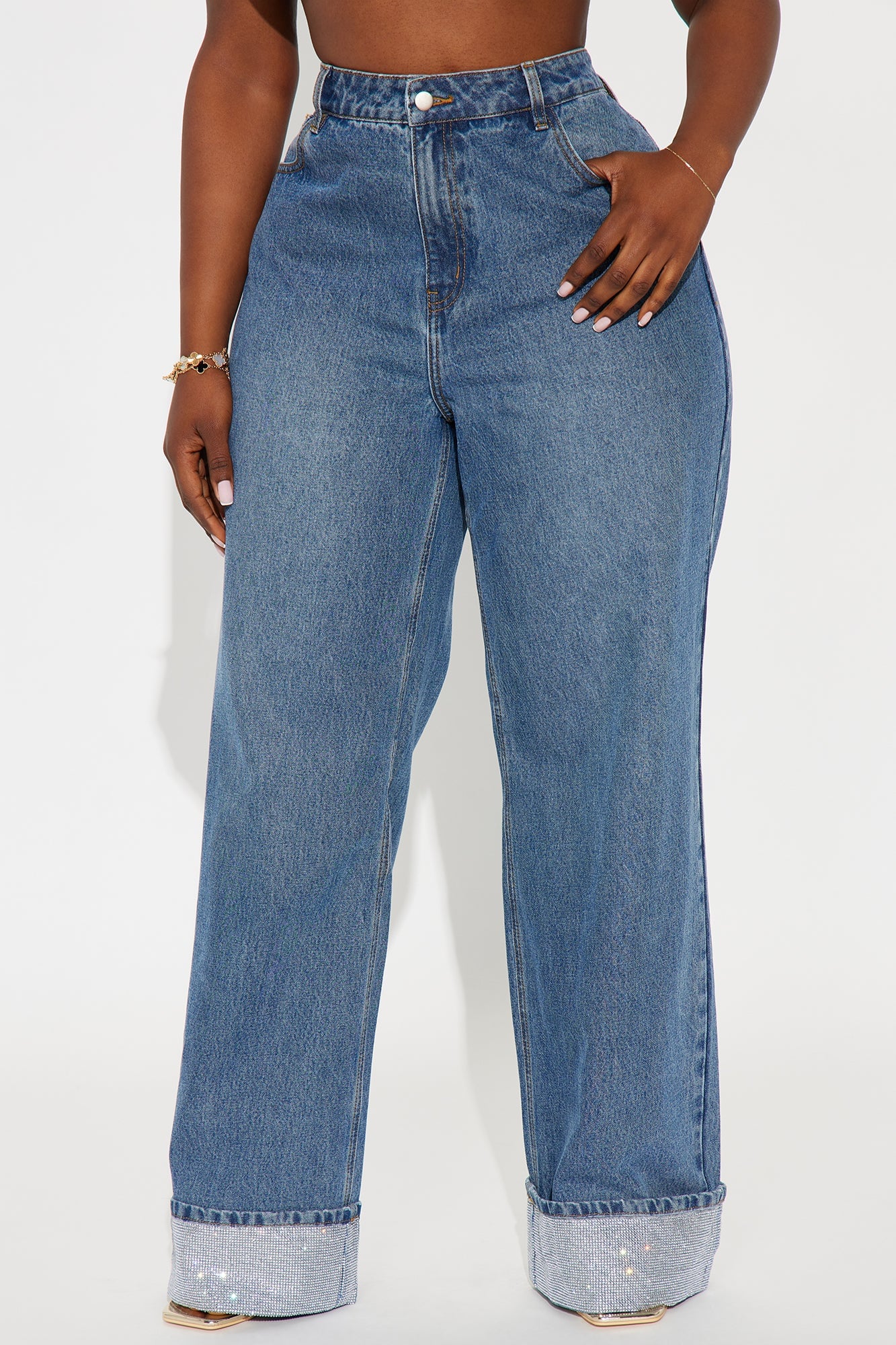Influential Sparkle Baggy Straight Leg Jeans - Medium Wash image 2